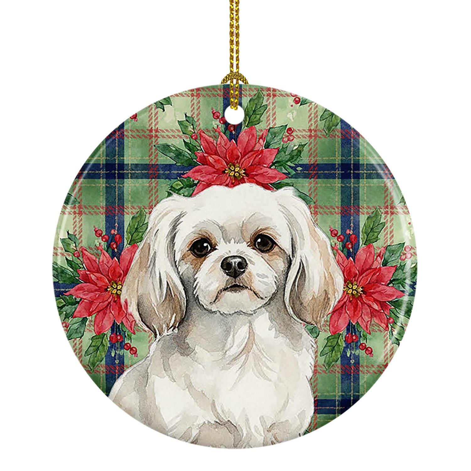 White Tibetan Spaniel Christmas PoinsettIas Ceramic Ornament Christmas Tree Hanging Decorations for Home Christmas Holiday, Part