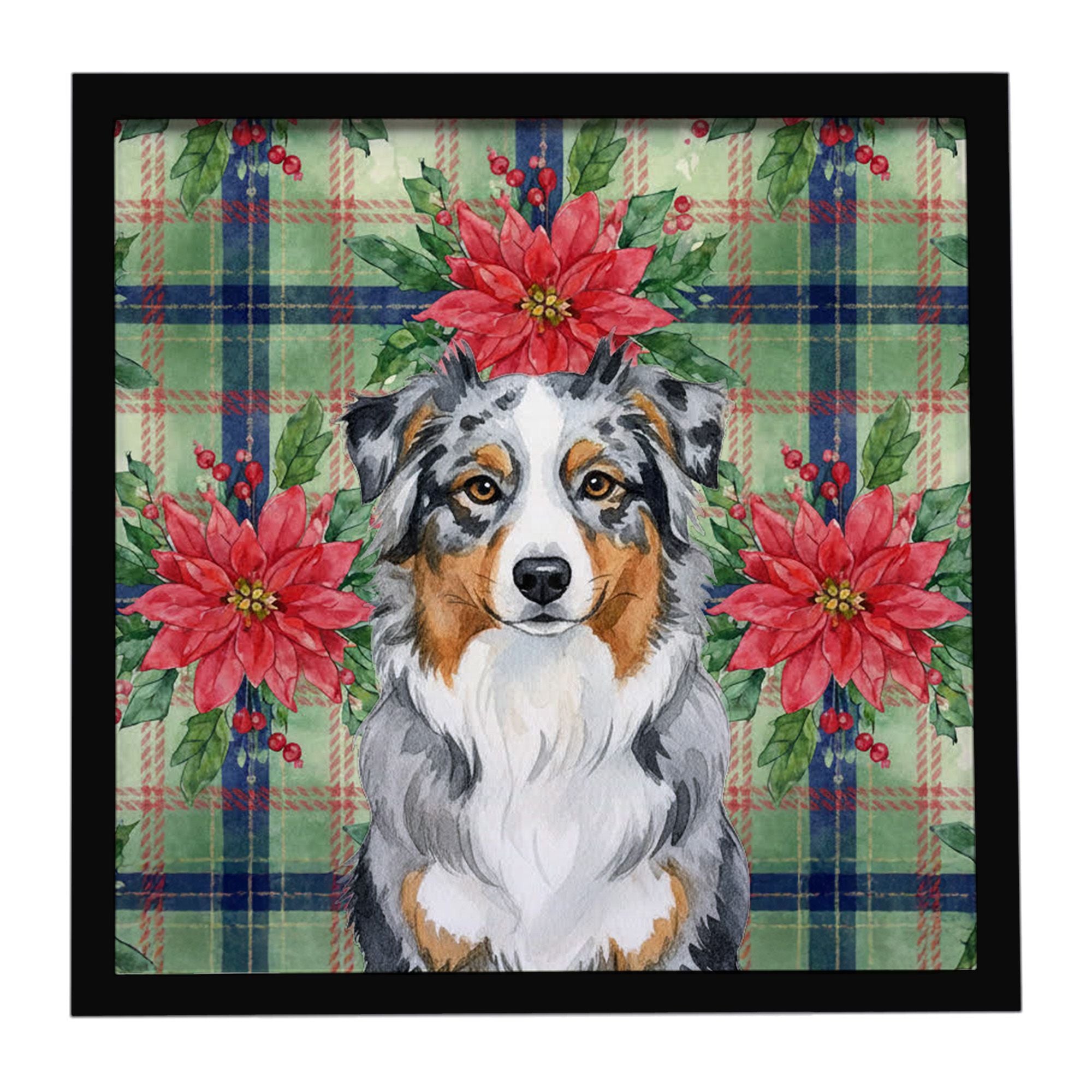 Blue Merle Australian Shepherd Christmas PoinsettIas Framed Metal Print Bathroom, Kitchen, Office, Home Decor Wall Art Ready to 