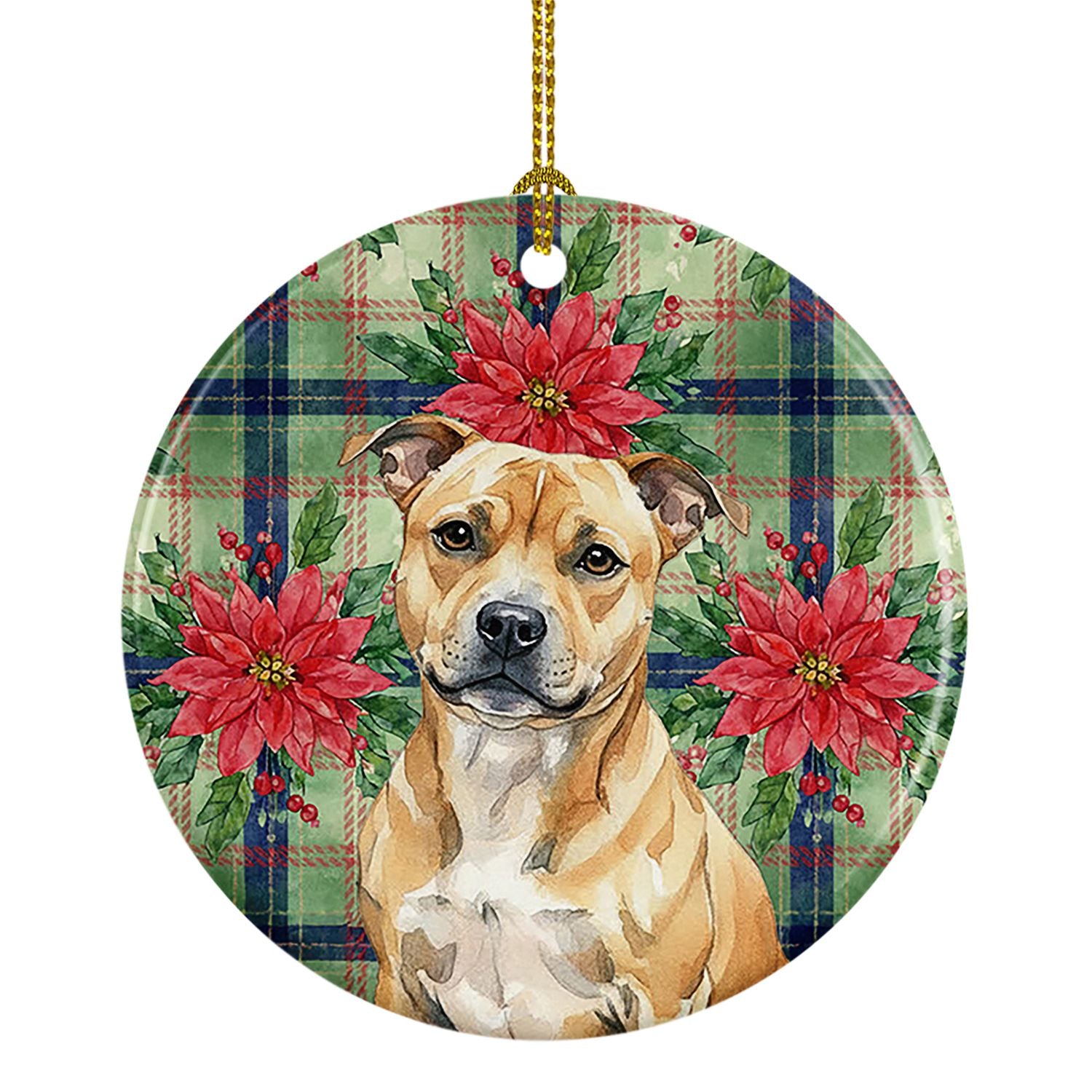 Fawn Staffordshire Bull Terrier Christmas PoinsettIas Ceramic Ornament Christmas Tree Hanging Decorations for Home Christmas Hol