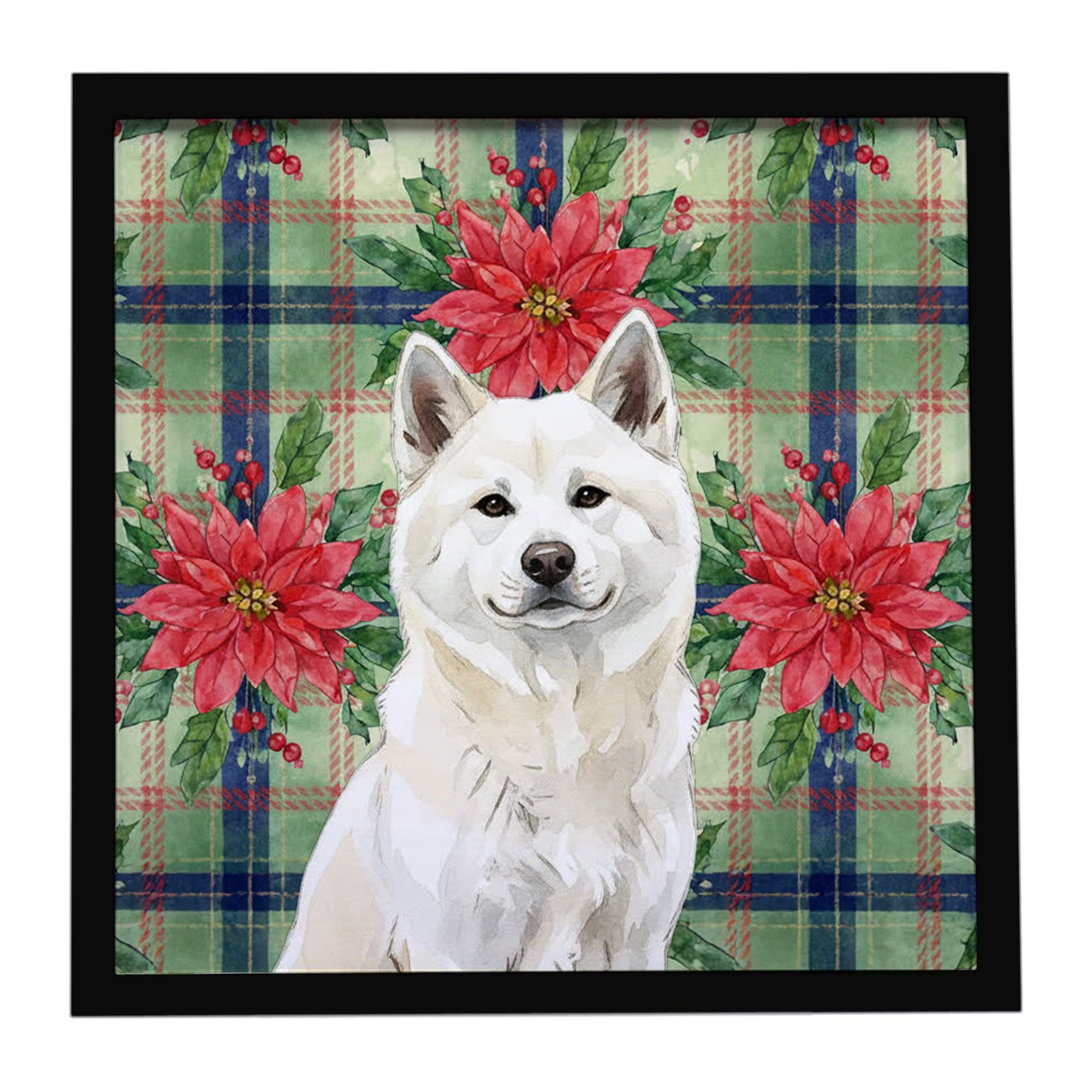 White Akita Christmas PoinsettIas Framed Metal Print Bathroom, Kitchen, Office, Home Decor Wall Art Ready to Hang, Square, 8X8