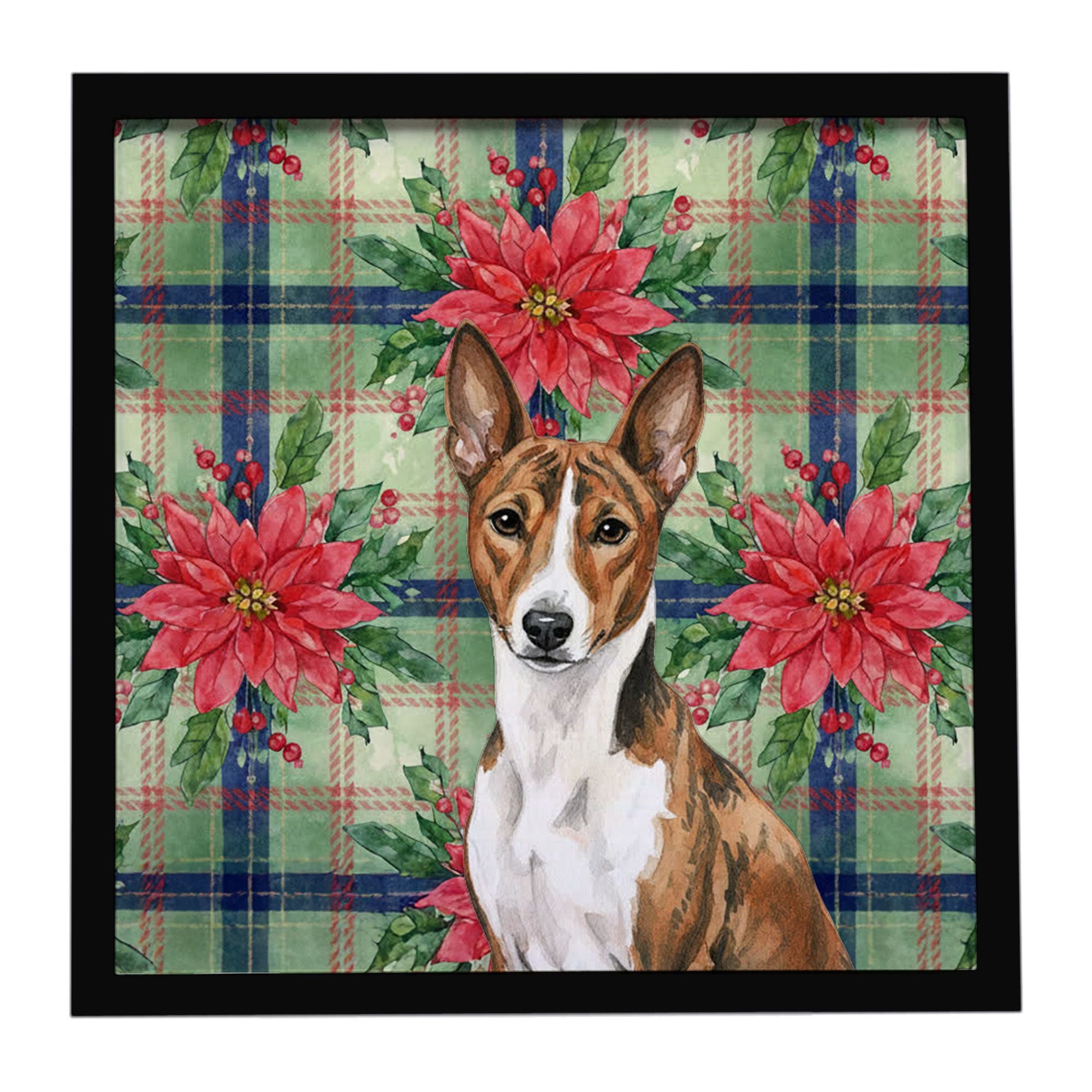 Brindle and White Basenji Christmas PoinsettIas Framed Metal Print Bathroom, Kitchen, Office, Home Decor Wall Art Ready to Hang,