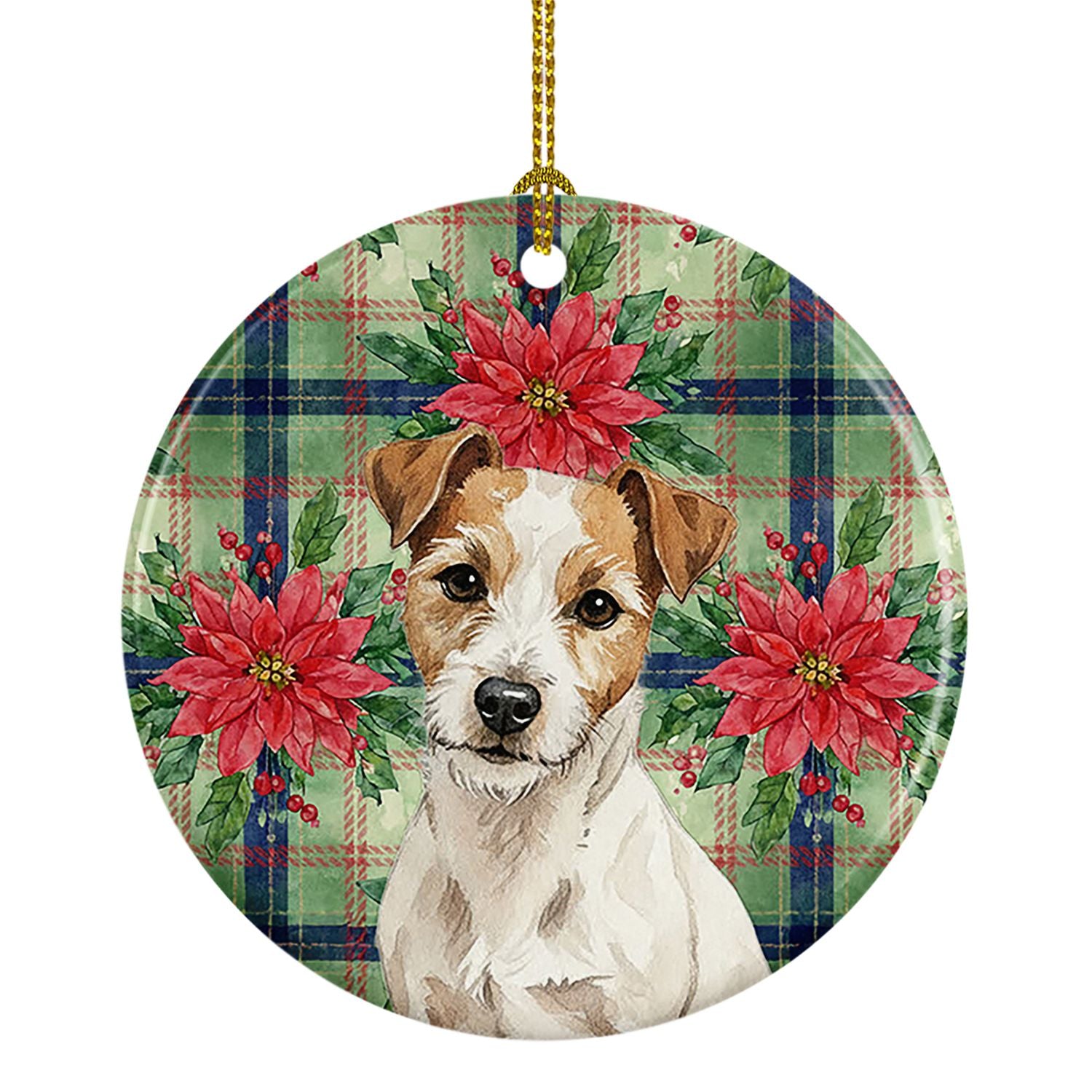 White with Tan Markings Russell Terrier Christmas PoinsettIas Ceramic Ornament Christmas Tree Hanging Decorations for Home Chris