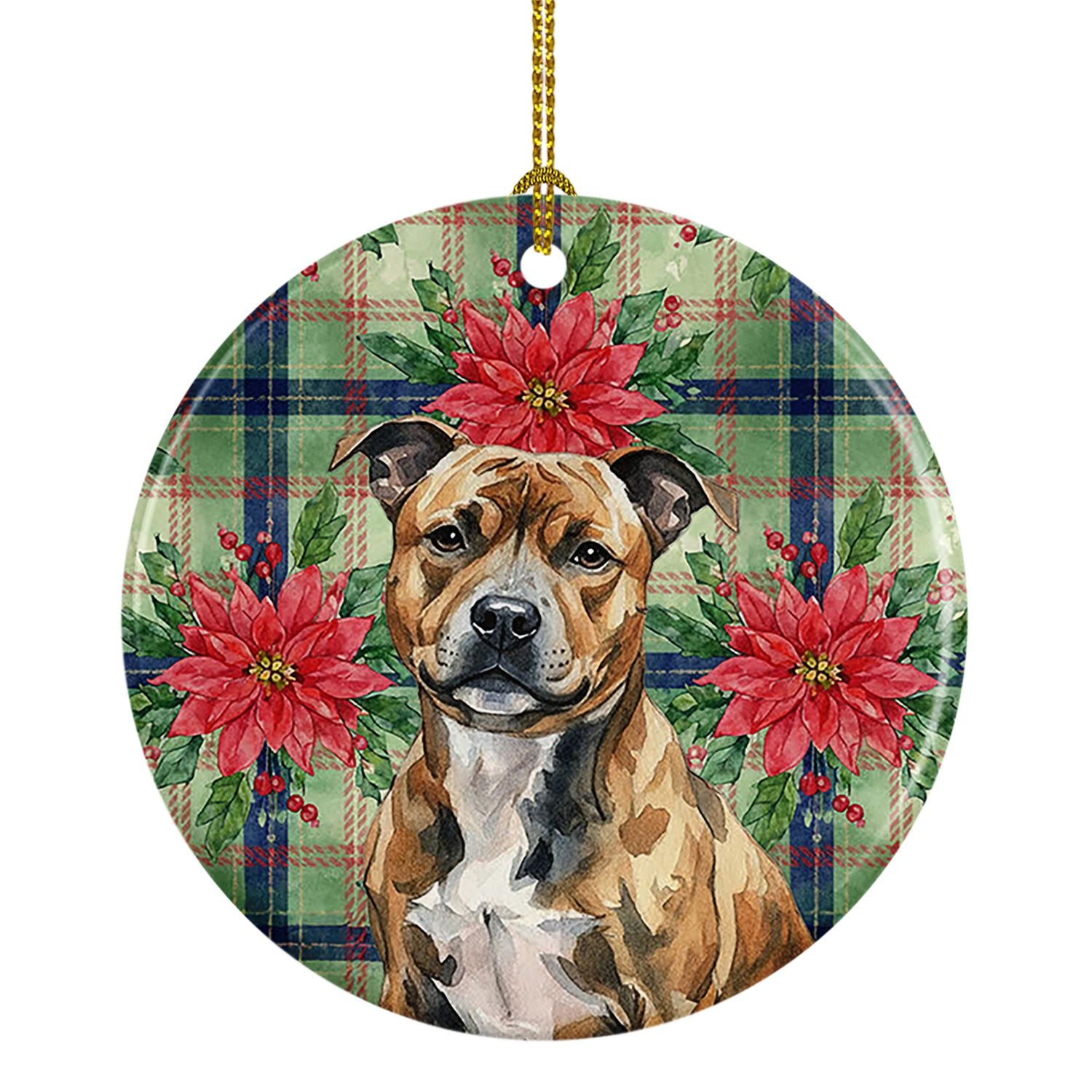 Brindle Staffordshire Bull Terrier Christmas PoinsettIas Ceramic Ornament Christmas Tree Hanging Decorations for Home Christmas 