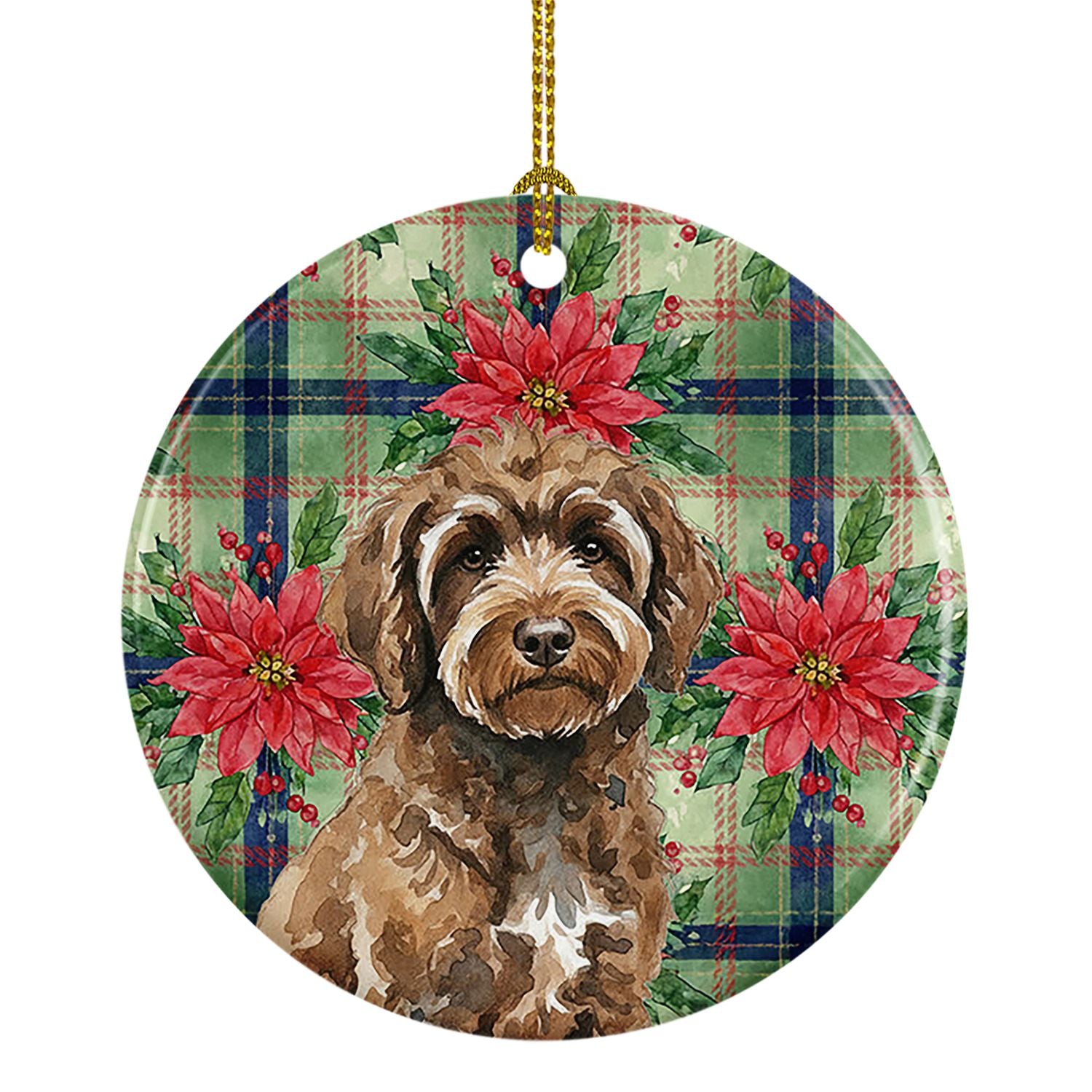 Brown Portuguese Water Dog Christmas PoinsettIas Ceramic Ornament Christmas Tree Hanging Decorations for Home Christmas Holiday,