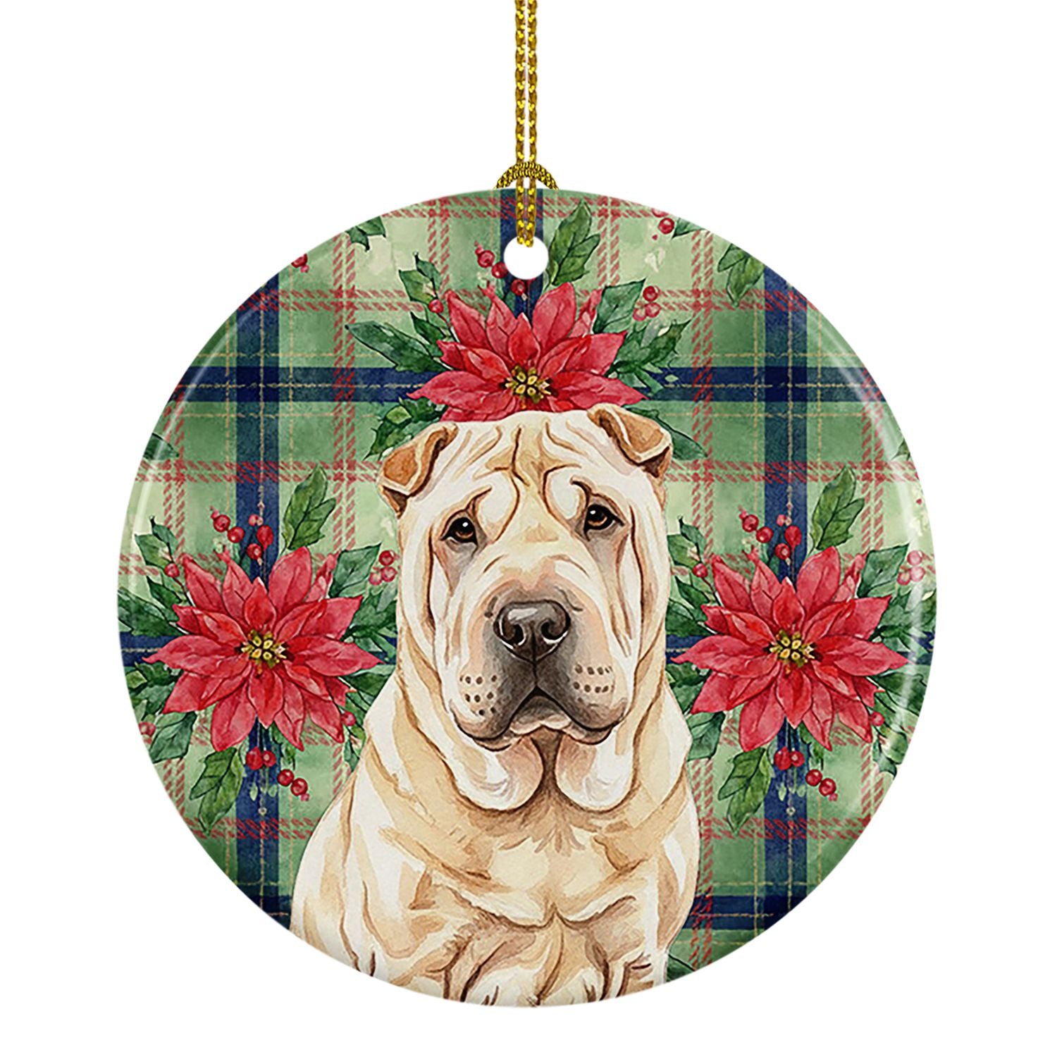 Shar Pei Christmas PoinsettIas Ceramic Ornament Christmas Tree Hanging Decorations for Home Christmas Holiday, Party, Gift, 3 in