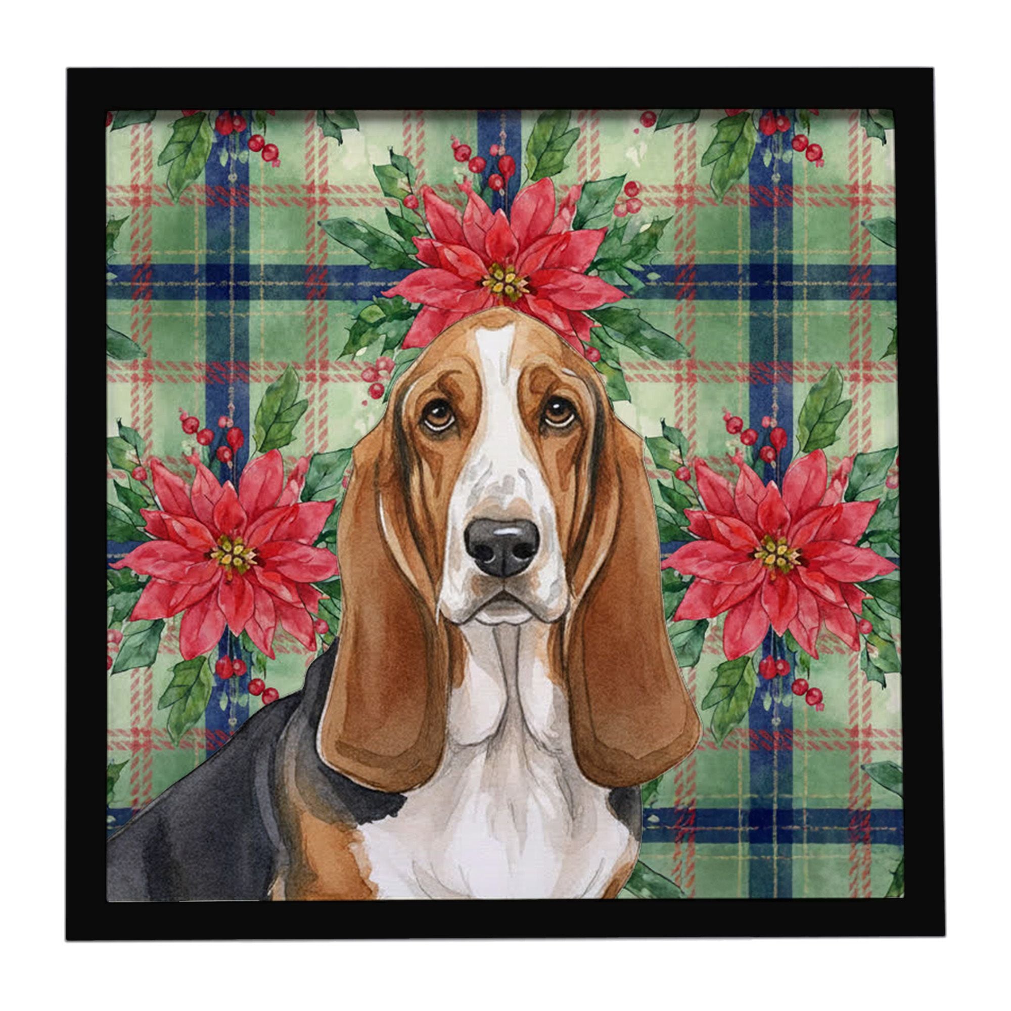 Tricolor and White Basset Hound Christmas PoinsettIas Framed Metal Print Bathroom, Kitchen, Office, Home Decor Wall Art Ready to
