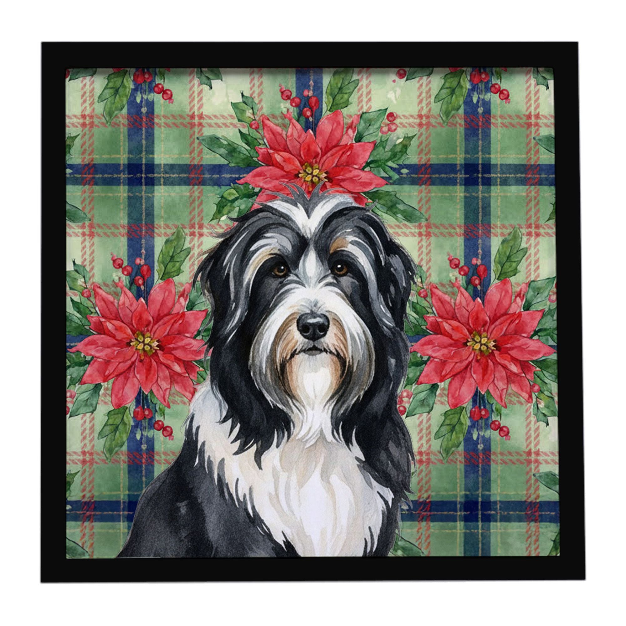 Black Bearded Collie Christmas PoinsettIas Framed Metal Print Bathroom, Kitchen, Office, Home Decor Wall Art Ready to Hang, Squa