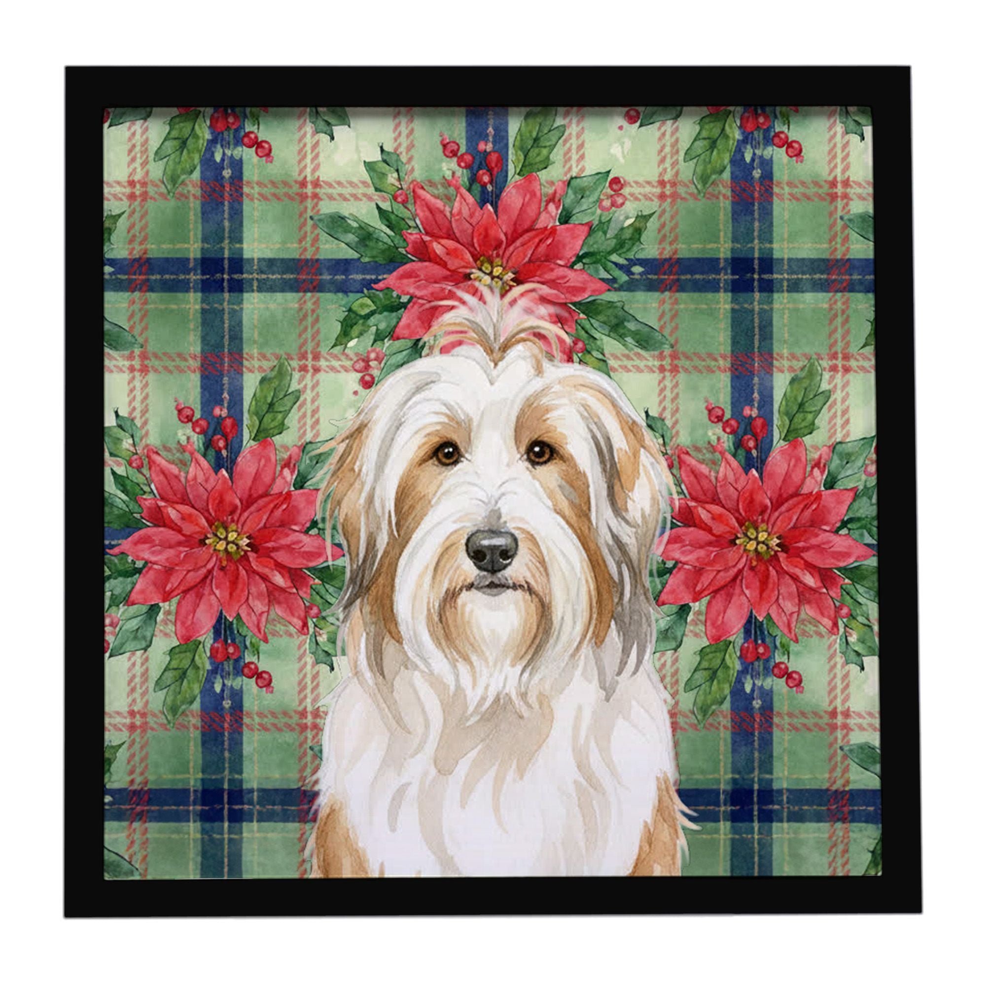 White and Tan Bearded Collie Christmas PoinsettIas Framed Metal Print Bathroom, Kitchen, Office, Home Decor Wall Art Ready to Ha