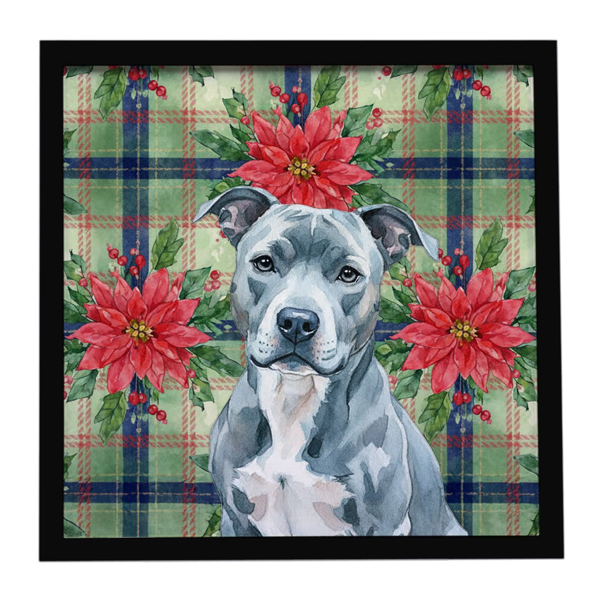 Blue American Staffordshire Terrier Christmas PoinsettIas Framed Metal Print Bathroom, Kitchen, Office, Home Decor Wall Art Read