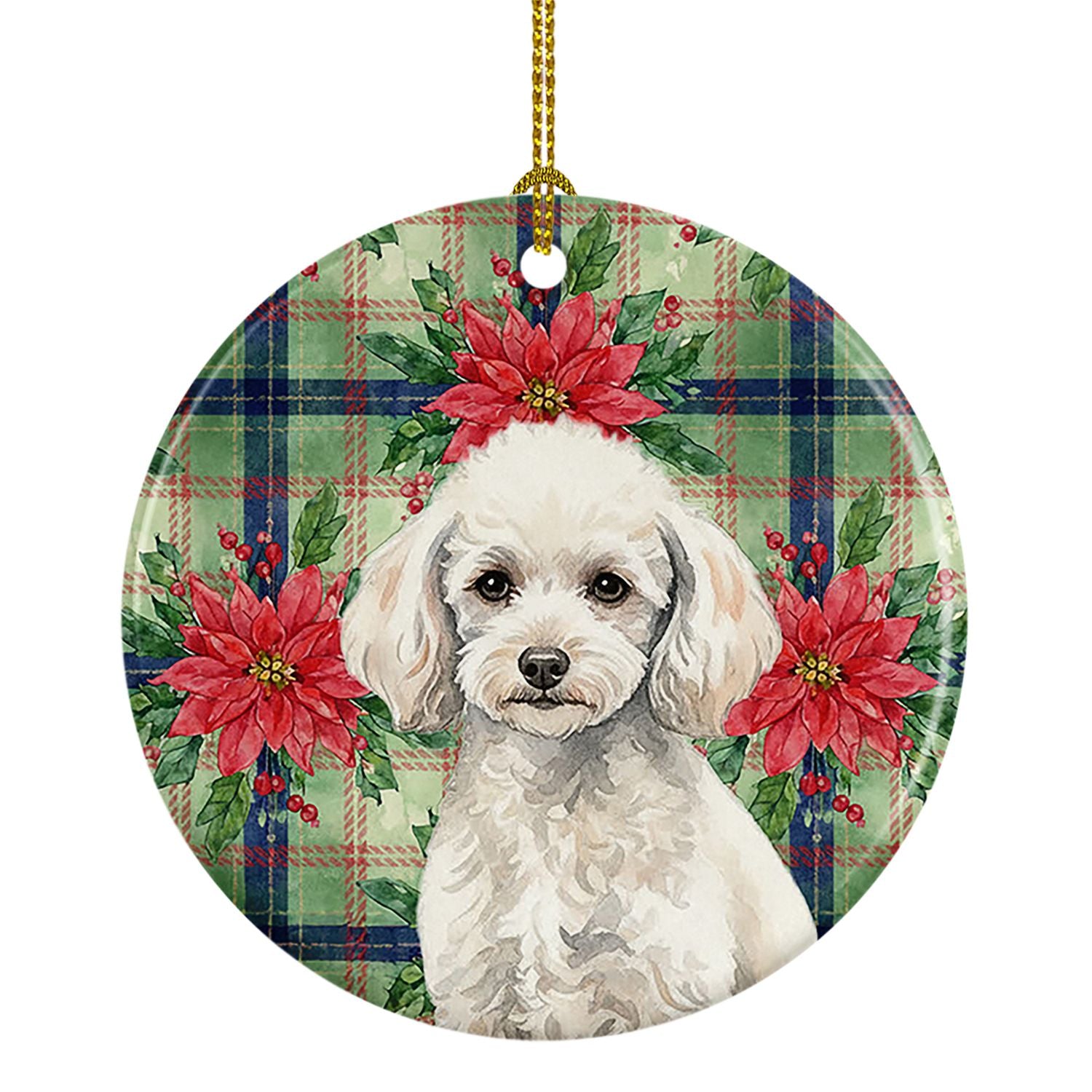 Miniature White Poodle Christmas PoinsettIas Ceramic Ornament Christmas Tree Hanging Decorations for Home Christmas Holiday, Par