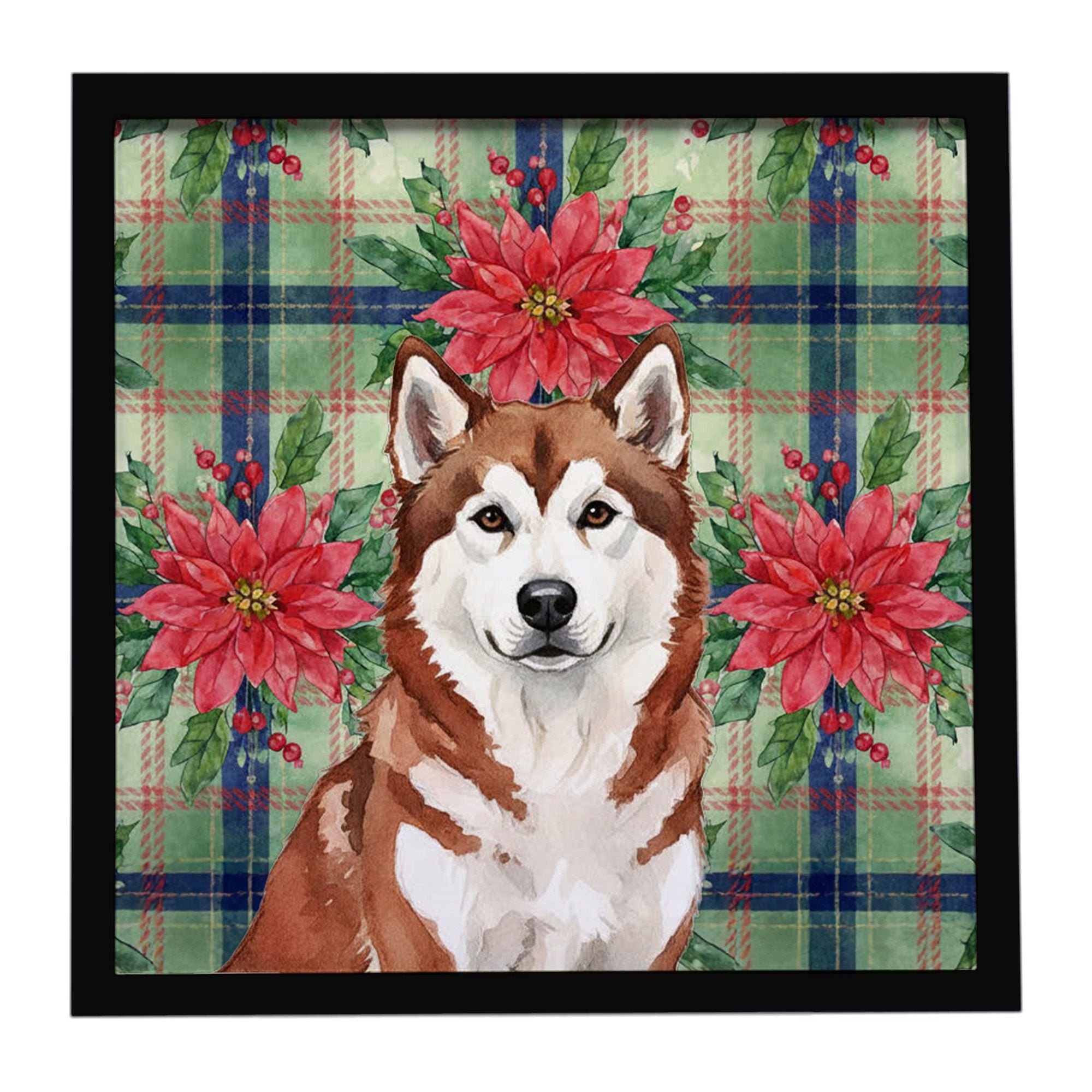 Red and White Alaskan Malamute Christmas Poinsettas Framed Metal Print Bathroom, Kitchen, Office, Home Decor Wall Art Ready to H