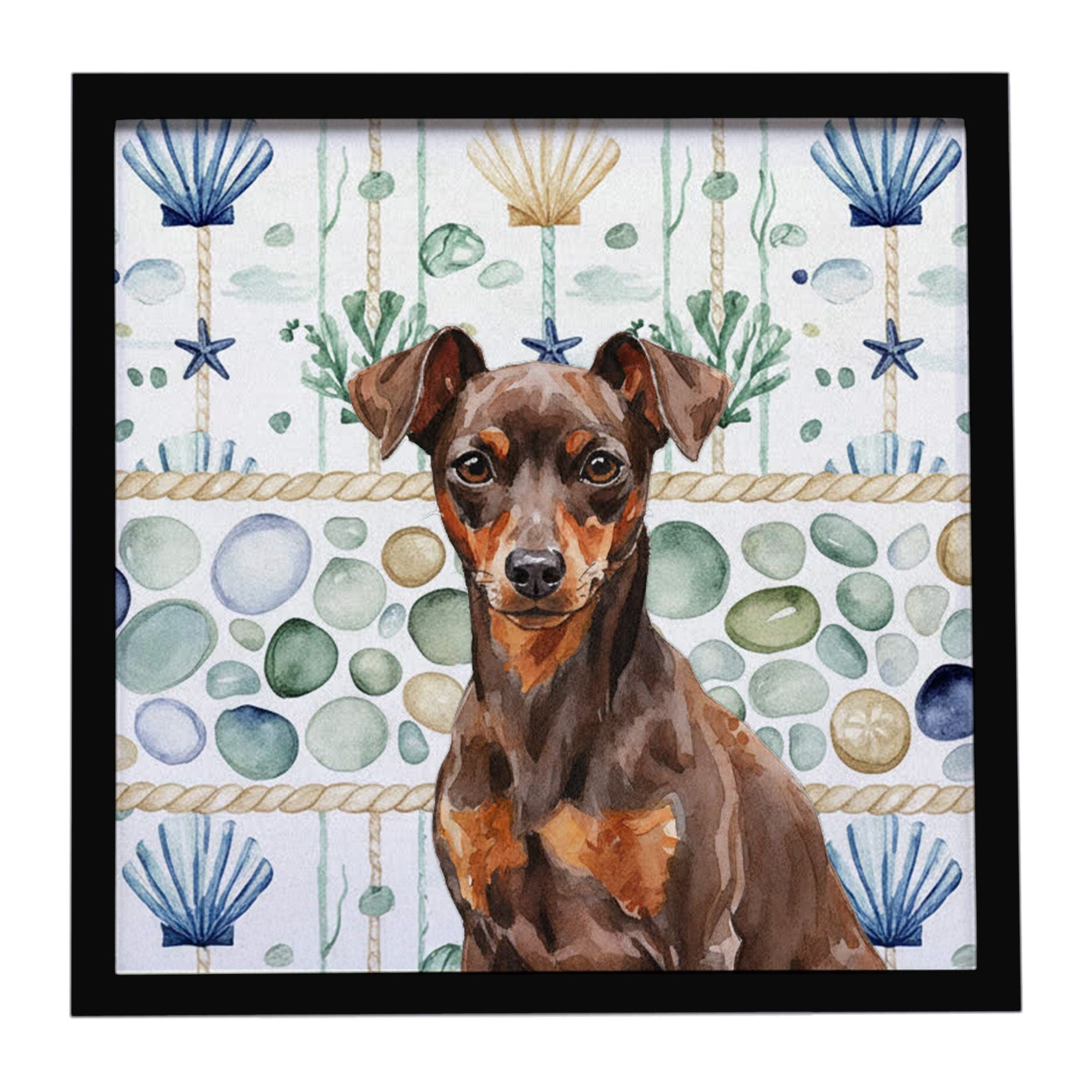 Chocolate and Rust Miniature Pinscher Min Pin Coastal Sea Glass Framed Metal Print Bathroom, Kitchen, Office, Home Decor Wall Ar