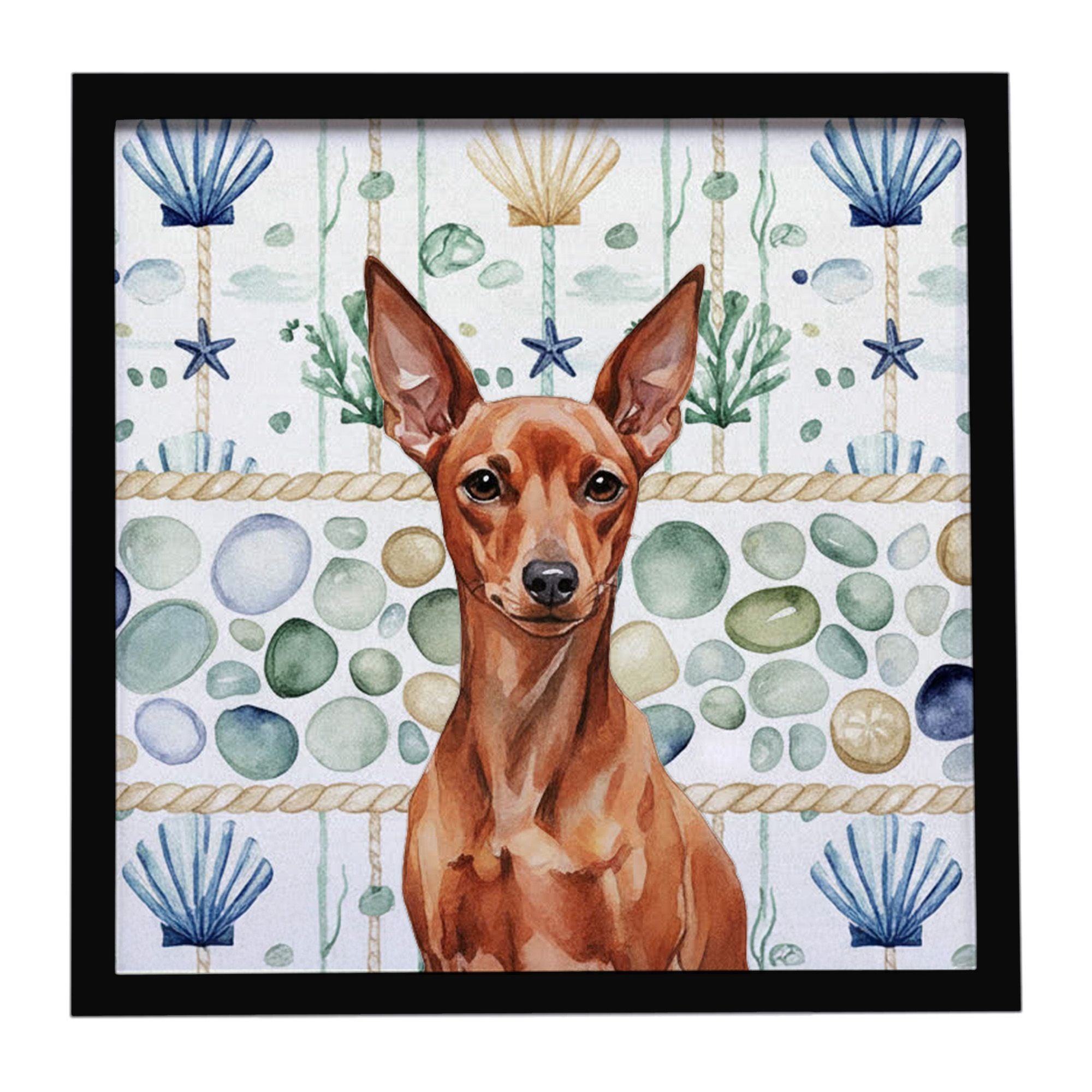 Red Miniature Pinscher Min Pin Coastal Sea Glass Framed Metal Print Bathroom, Kitchen, Office, Home Decor Wall Art Ready to Hang