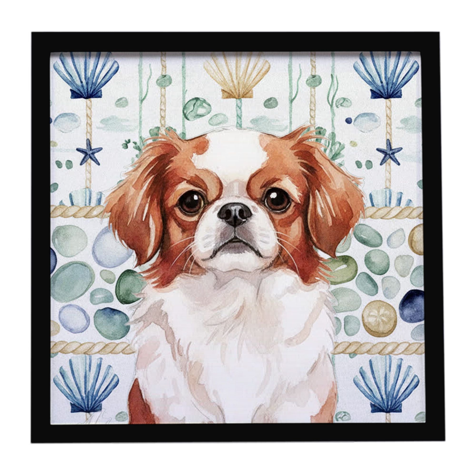 Red and White Japanese Chin Coastal Sea Glass Framed Metal Print Bathroom, Kitchen, Office, Home Decor Wall Art Ready to Hang, S