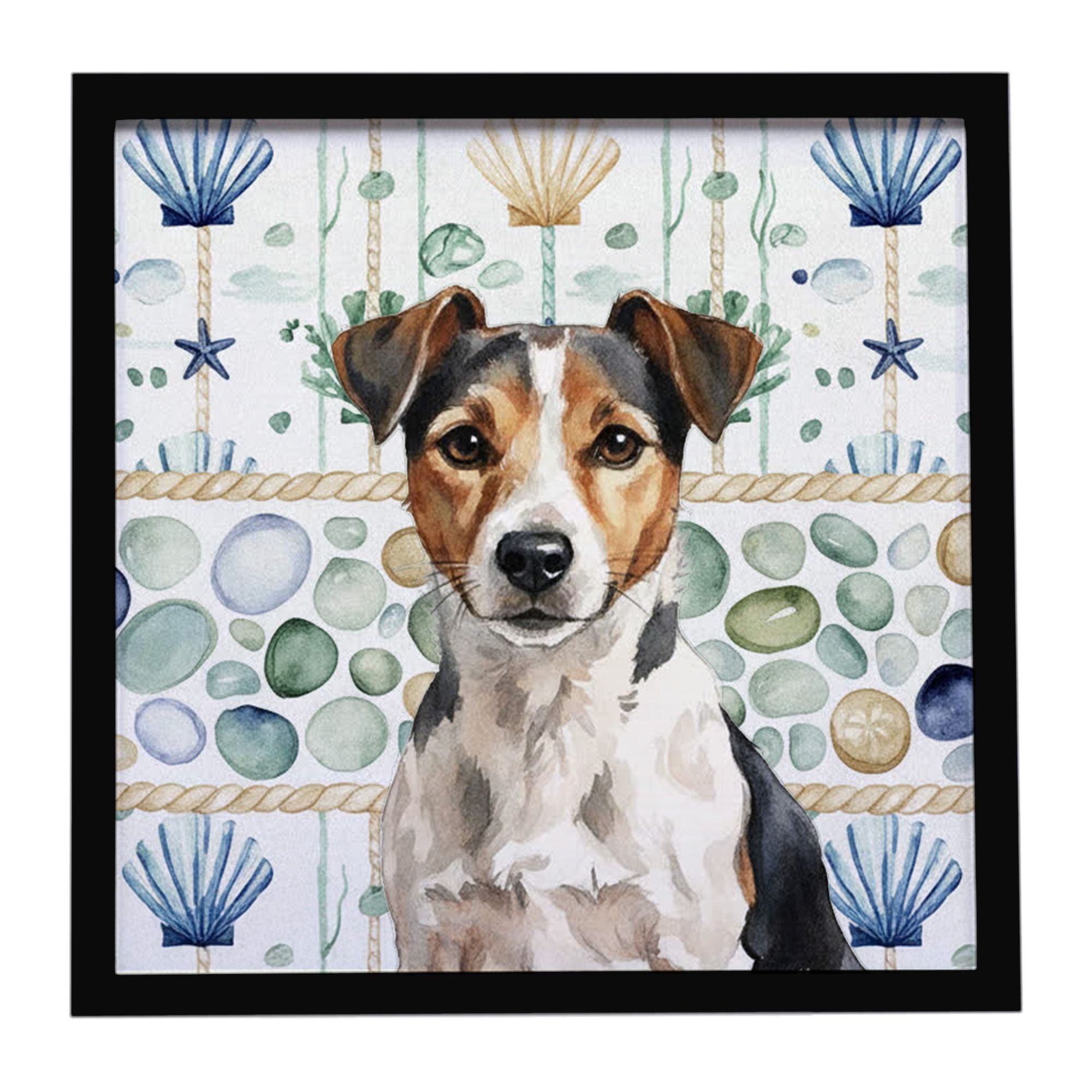 Tricolor Russell Terrier Coastal Sea Glass Framed Metal Print Bathroom, Kitchen, Office, Home Decor Wall Art Ready to Hang, Squa