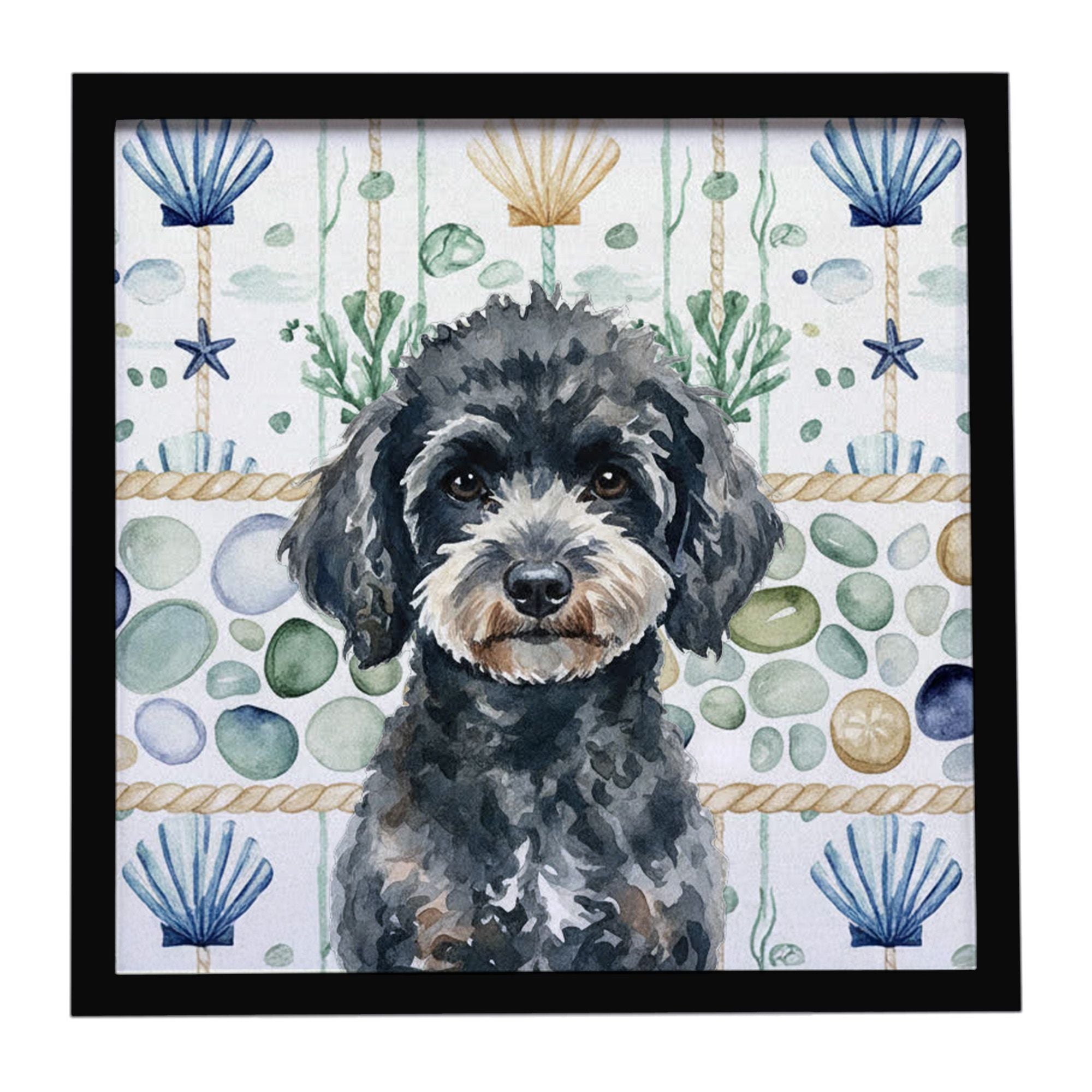 Miniature Black Poodle Coastal Sea Glass Framed Metal Print Bathroom, Kitchen, Office, Home Decor Wall Art Ready to Hang, Square