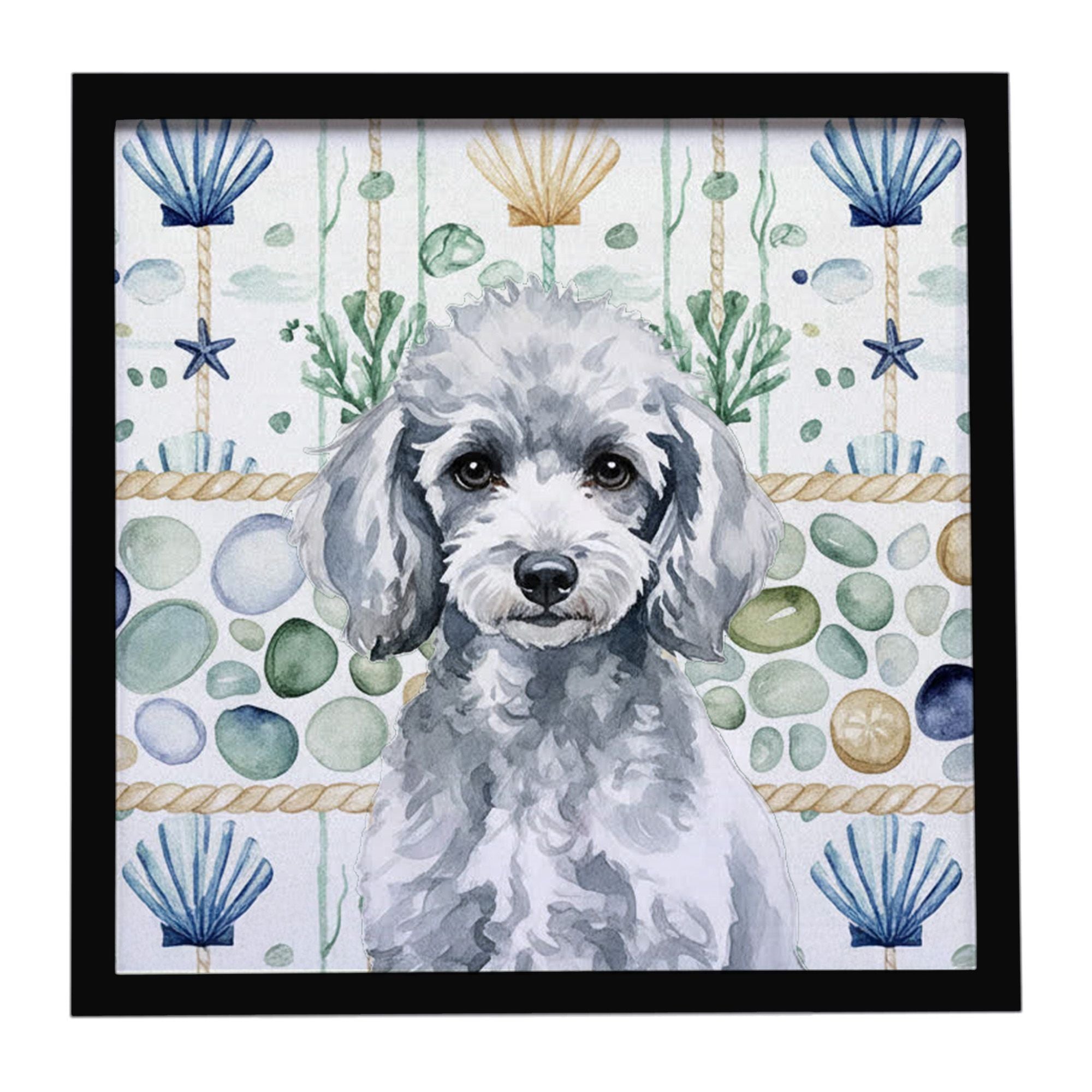 Miniature Silver Poodle Coastal Sea Glass Framed Metal Print Bathroom, Kitchen, Office, Home Decor Wall Art Ready to Hang, Squar