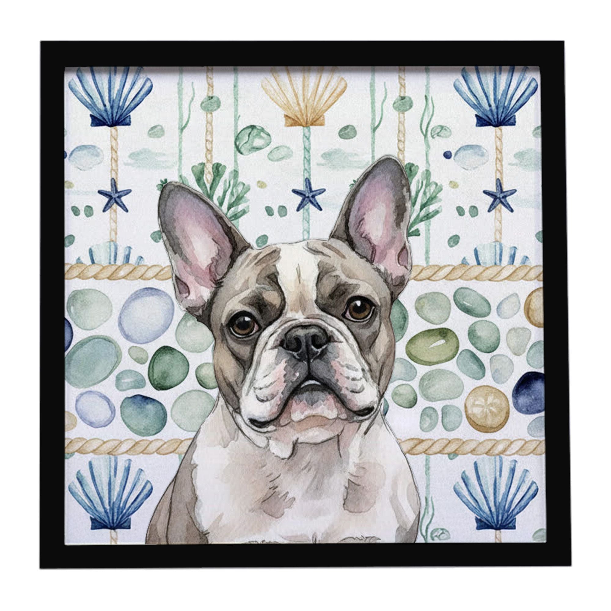 Pied French Bulldog Coastal Sea Glass Framed Metal Print Bathroom, Kitchen, Office, Home Decor Wall Art Ready to Hang, Square, 8