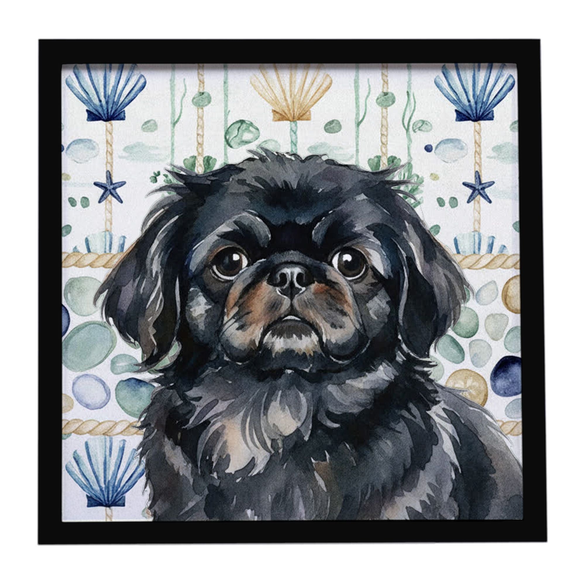 Black Pekingese Coastal Sea Glass Framed Metal Print Bathroom, Kitchen, Office, Home Decor Wall Art Ready to Hang, Square, 8X8