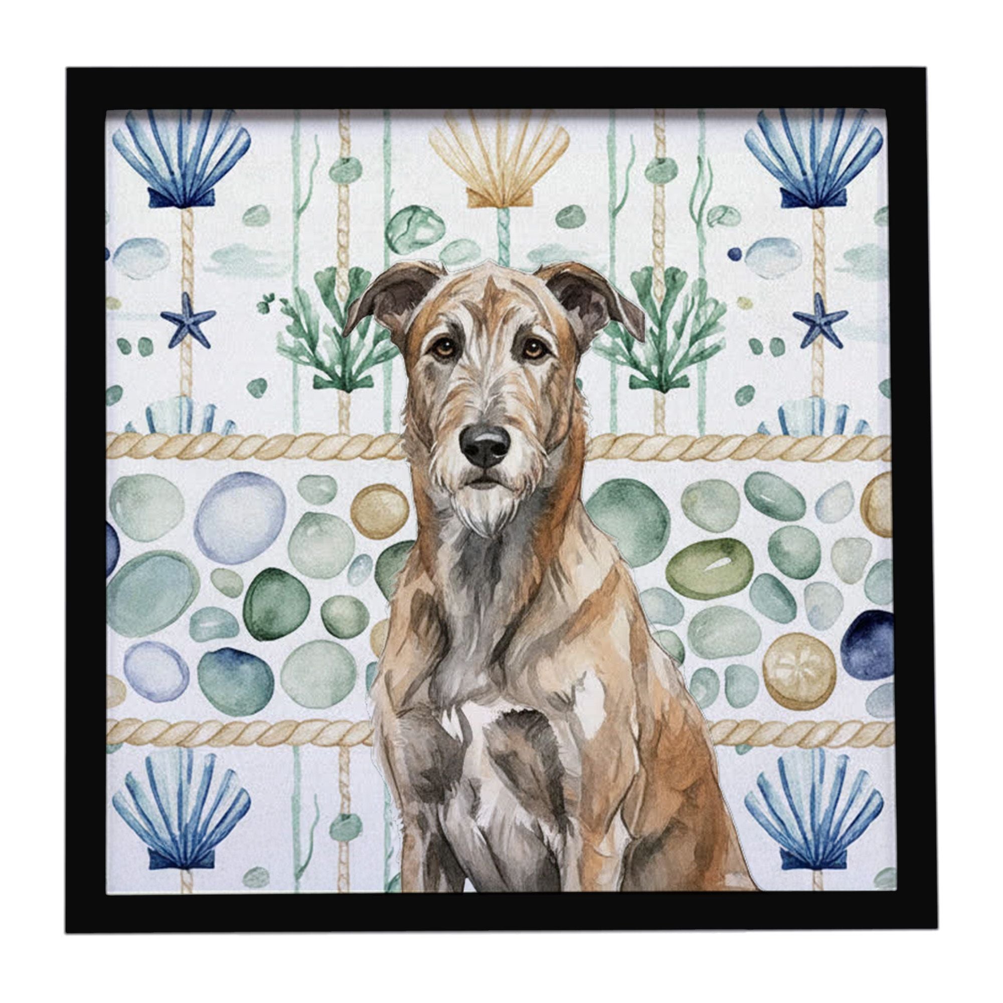 Brindle Irish Wolfhound Coastal Sea Glass Framed Metal Print Bathroom, Kitchen, Office, Home Decor Wall Art Ready to Hang, Squar