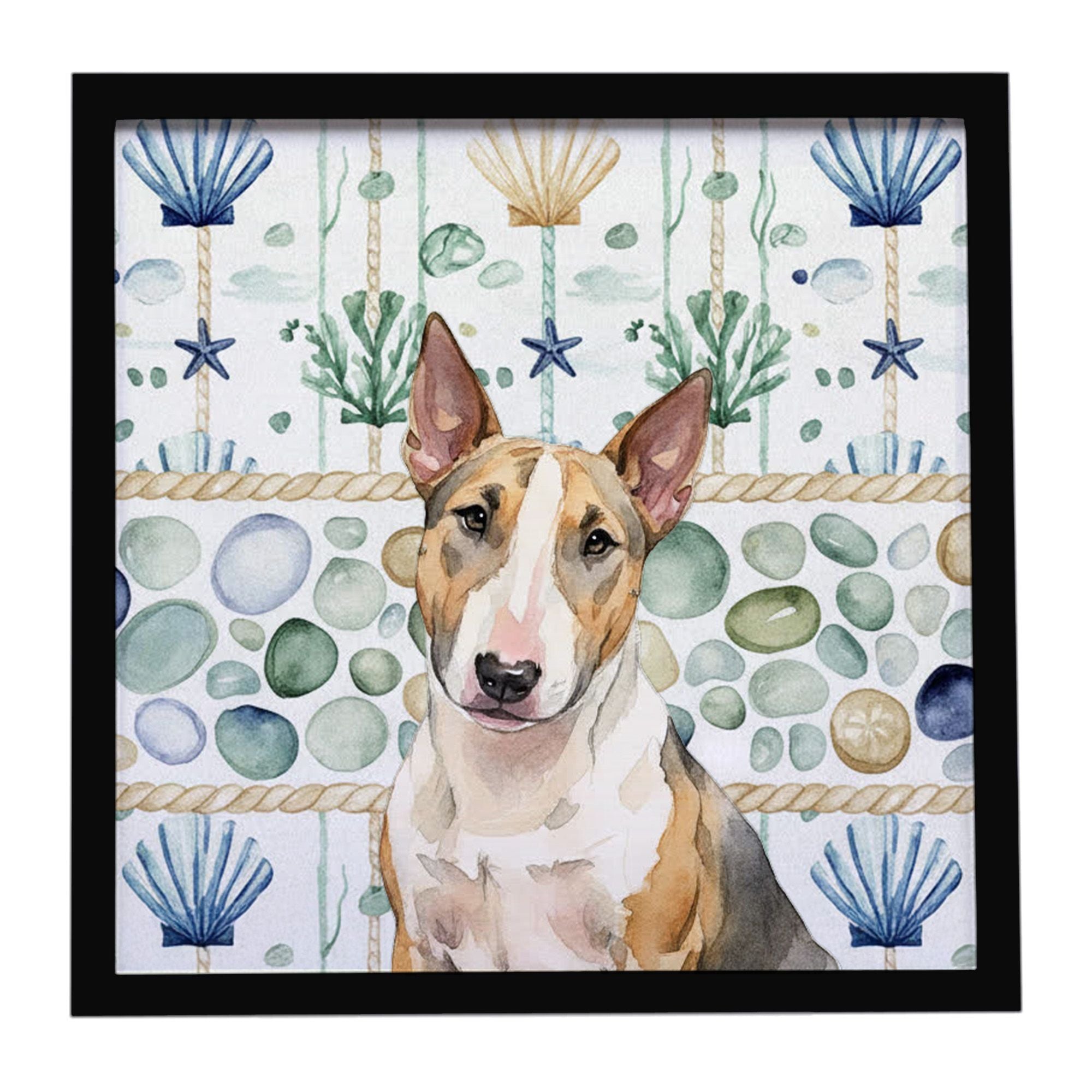 Tricolor Miniature Bull Terrier Coastal Sea Glass Framed Metal Print Bathroom, Kitchen, Office, Home Decor Wall Art Ready to Han