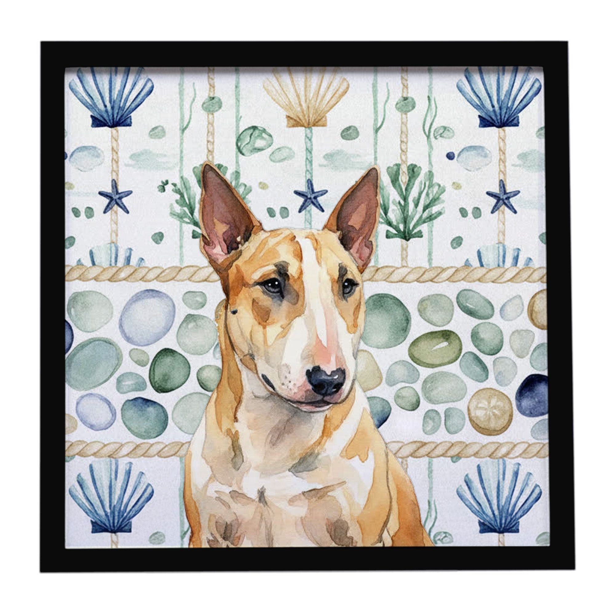 Miniature Bull Terrier Coastal Sea Glass Framed Metal Print Bathroom, Kitchen, Office, Home Decor Wall Art Ready to Hang, Square