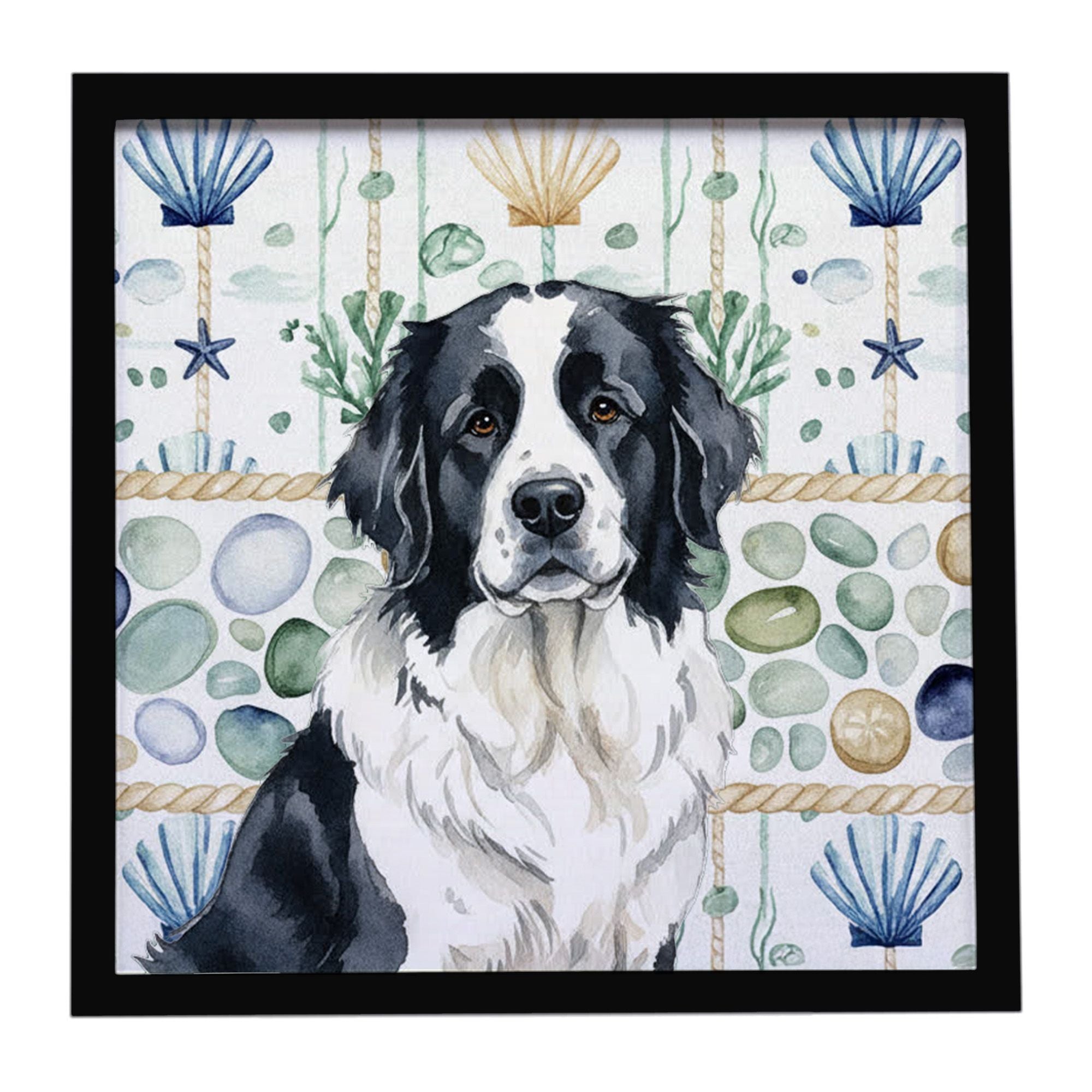 Landseer Newfoundland Coastal Sea Glass Framed Metal Print Bathroom, Kitchen, Office, Home Decor Wall Art Ready to Hang, Square,