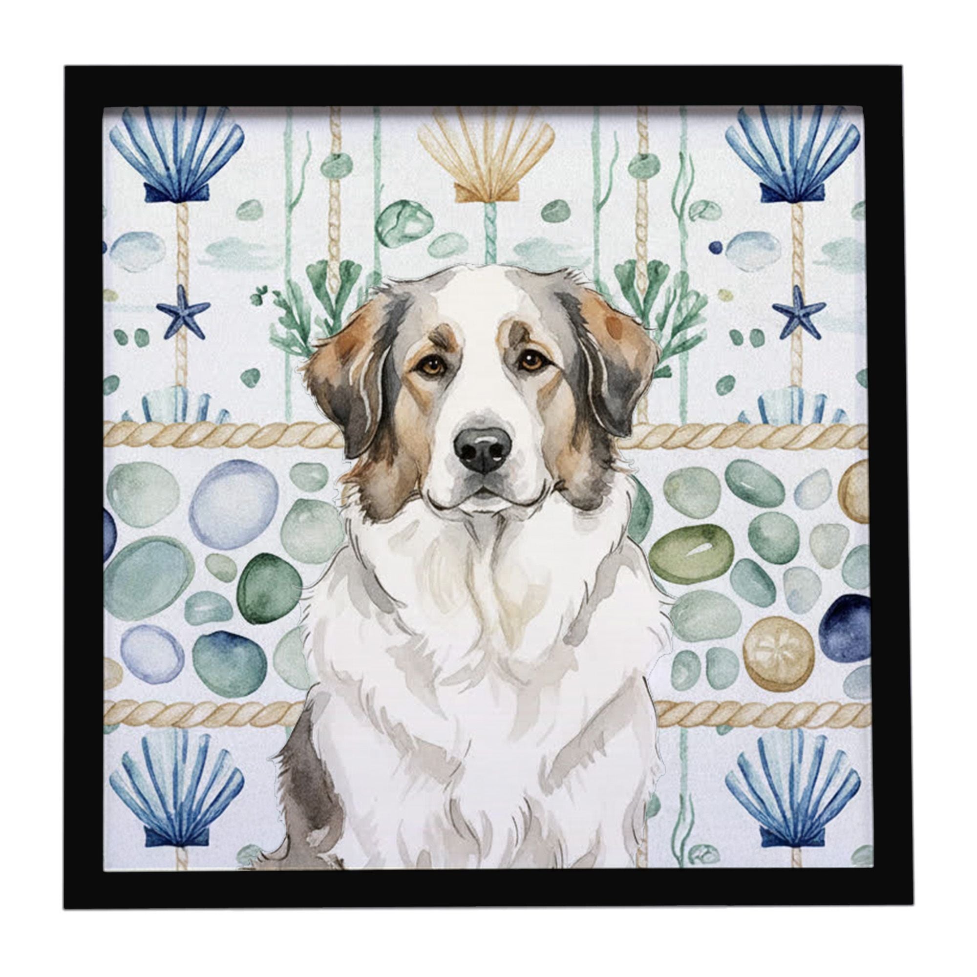 Badger Great Pyrenees Coastal Sea Glass Framed Metal Print Bathroom, Kitchen, Office, Home Decor Wall Art Ready to Hang, Square,