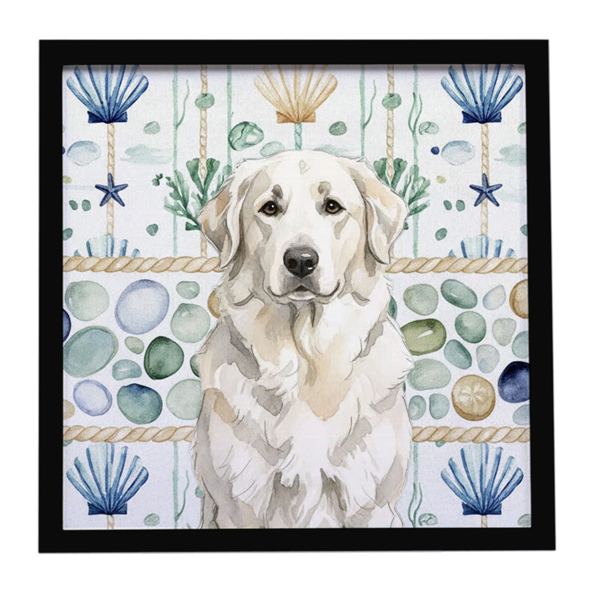 White Great Pyrenees Coastal Sea Glass Framed Metal Print Bathroom, Kitchen, Office, Home Decor Wall Art Ready to Hang, Square, 