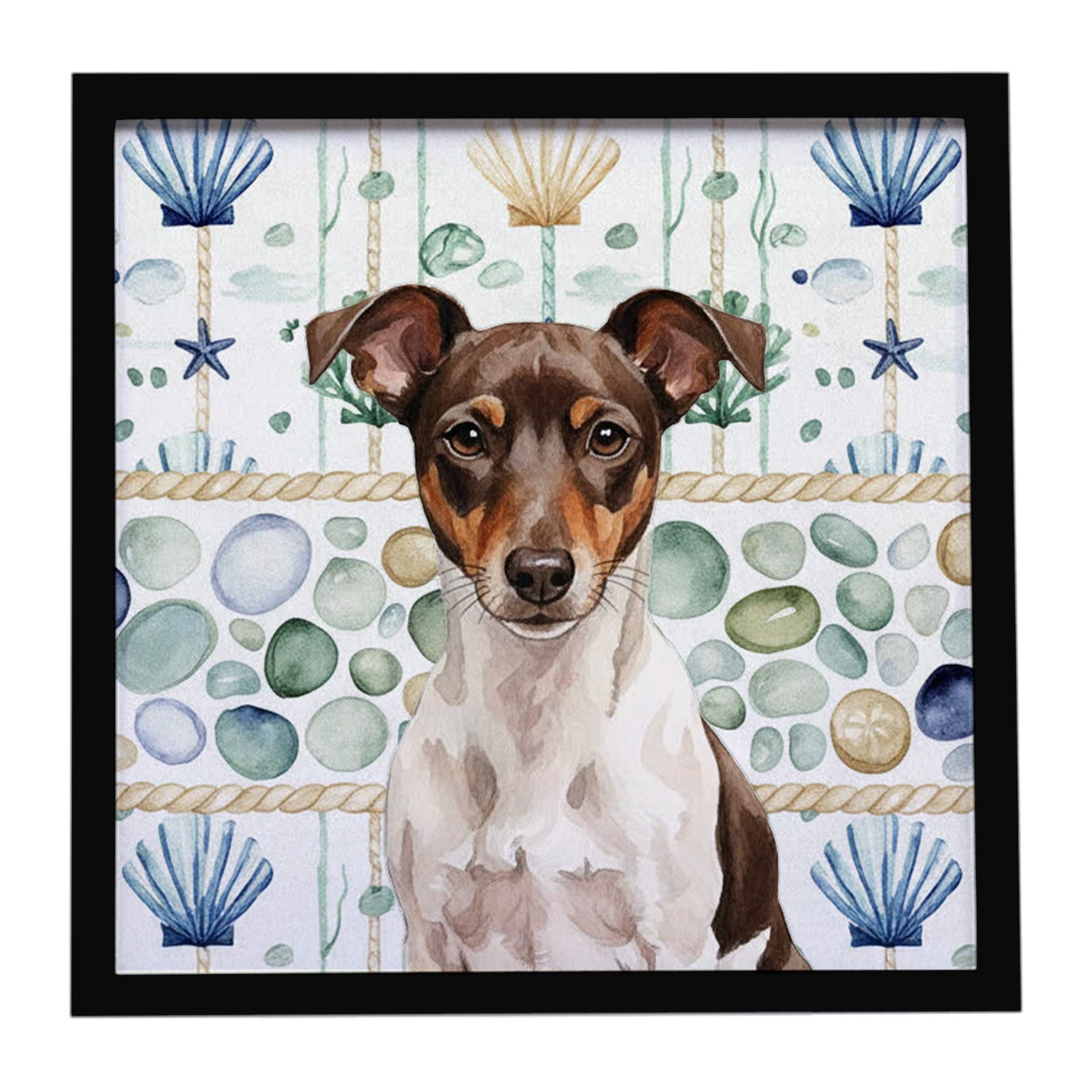 Chocolate and White Rat Terrier Coastal Sea Glass Framed Metal Print Bathroom, Kitchen, Office, Home Decor Wall Art Ready to Han