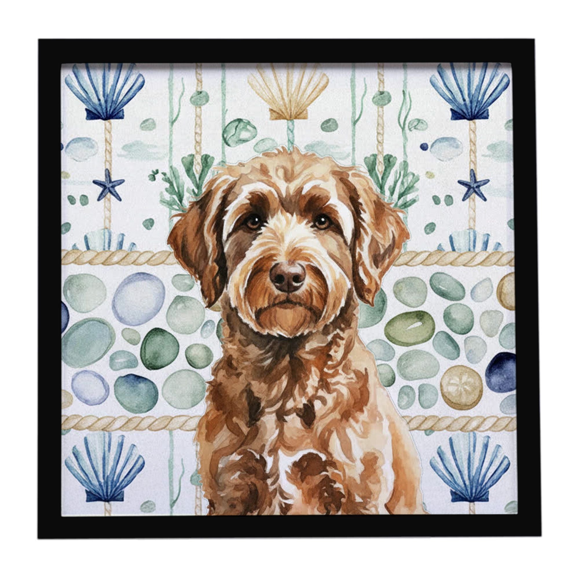 Chocolate Labradoodle Coastal Sea Glass Framed Metal Print Bathroom, Kitchen, Office, Home Decor Wall Art Ready to Hang, Square,