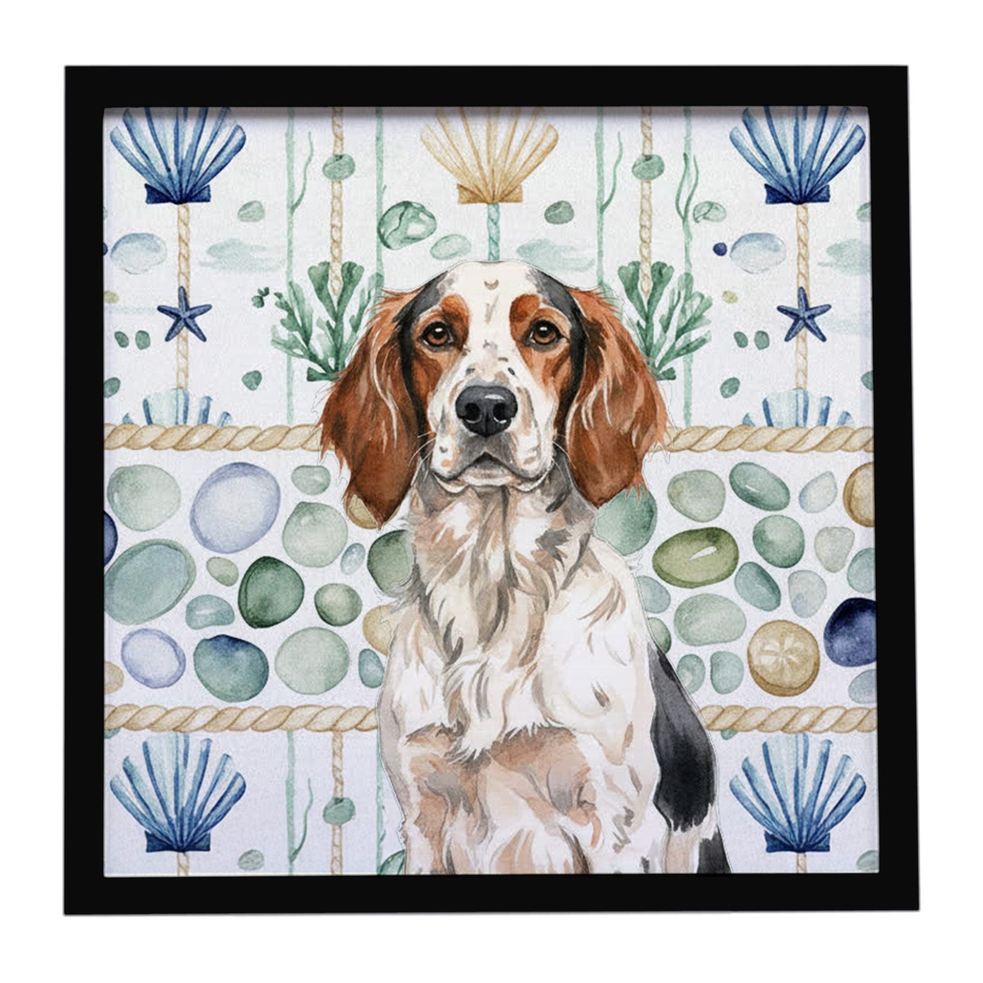 Tricolor English Setter Coastal Sea Glass Framed Metal Print Bathroom, Kitchen, Office, Home Decor Wall Art Ready to Hang, Squar