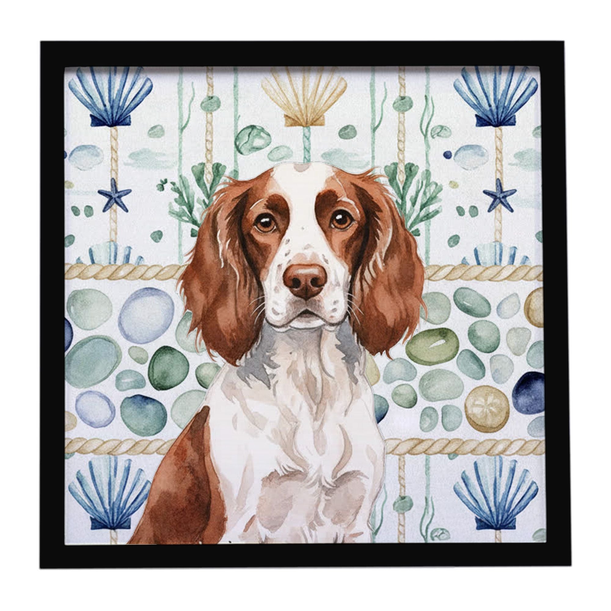 Liver and White English Springer Spaniel Coastal Sea Glass Framed Metal Print Bathroom, Kitchen, Office, Home Decor Wall Art Rea