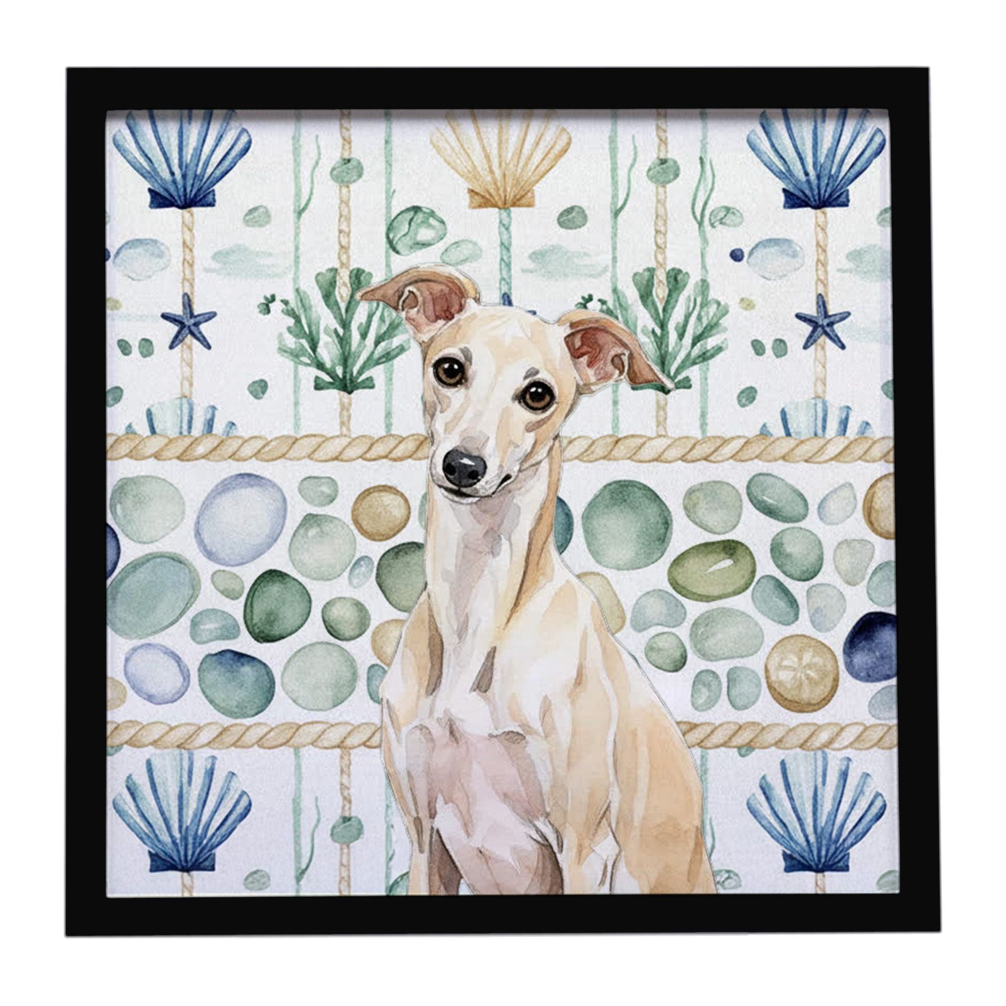 Cream Italian Greyhound Coastal Sea Glass Framed Metal Print Bathroom, Kitchen, Office, Home Decor Wall Art Ready to Hang, Squar
