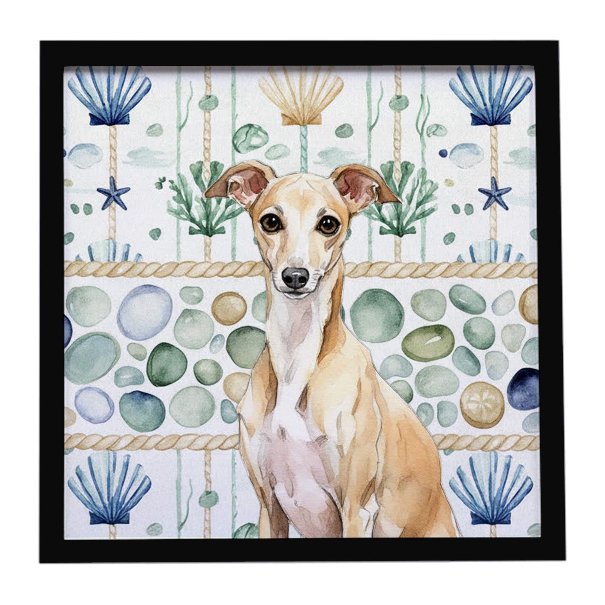 Fawn Italian Greyhound Coastal Sea Glass Framed Metal Print Bathroom, Kitchen, Office, Home Decor Wall Art Ready to Hang, Square