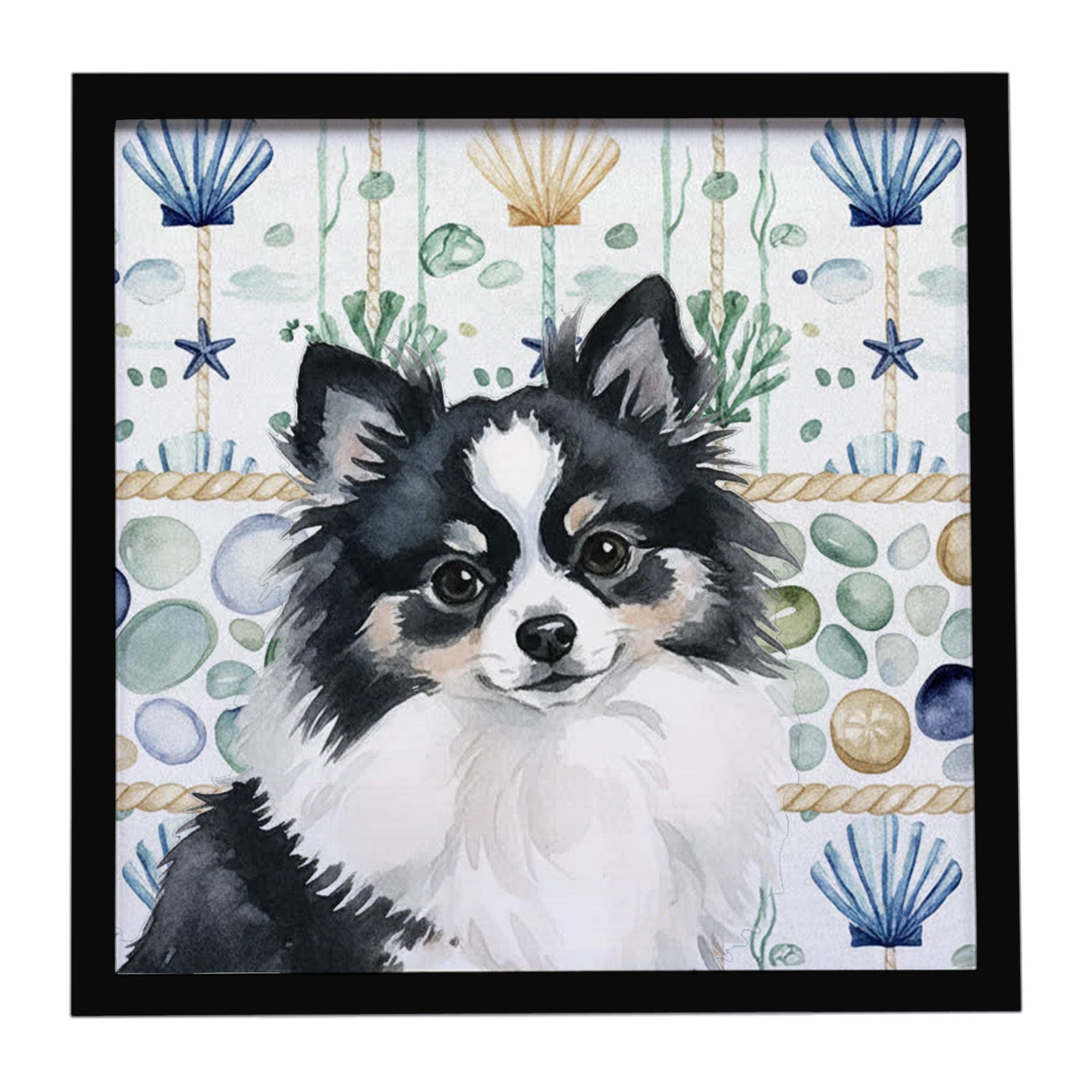 Black and White Pomeranian Coastal Sea Glass Framed Metal Print Bathroom, Kitchen, Office, Home Decor Wall Art Ready to Hang, Sq