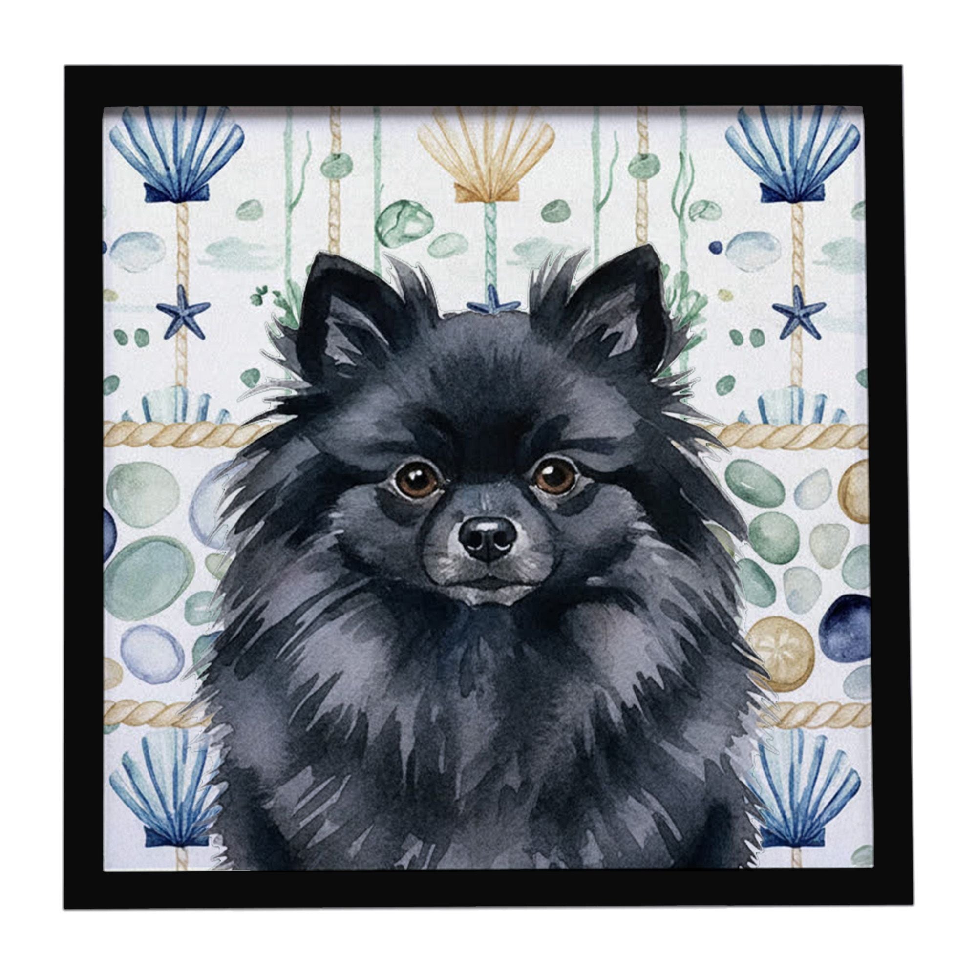 Black Pomeranian Coastal Sea Glass Framed Metal Print Bathroom, Kitchen, Office, Home Decor Wall Art Ready to Hang, Square, 8X8
