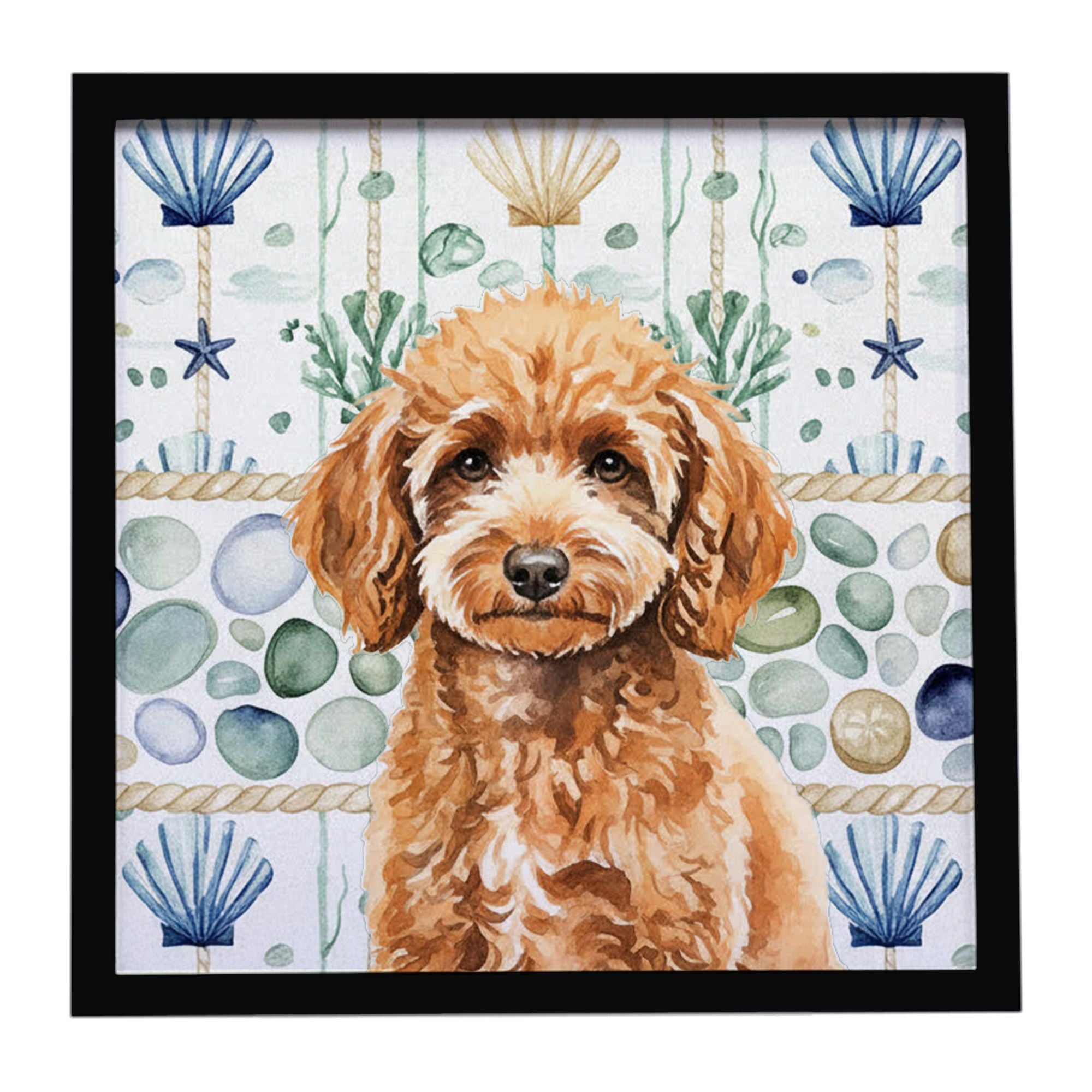 Miniature Apricot Poodle Coastal Sea Glass Framed Metal Print Bathroom, Kitchen, Office, Home Decor Wall Art Ready to Hang, Squa