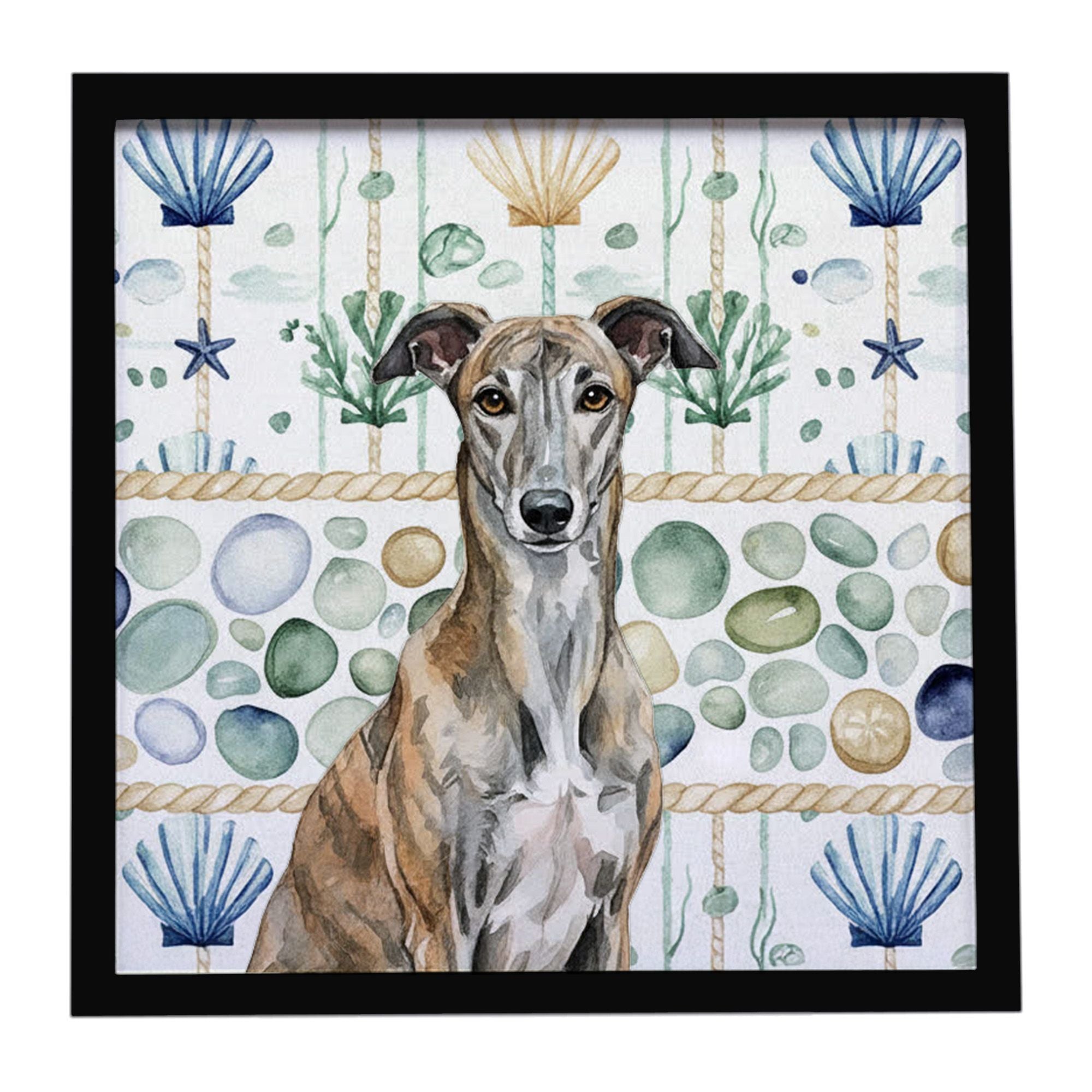 Brindle Greyhound Coastal Sea Glass Framed Metal Print Bathroom, Kitchen, Office, Home Decor Wall Art Ready to Hang, Square, 8X8