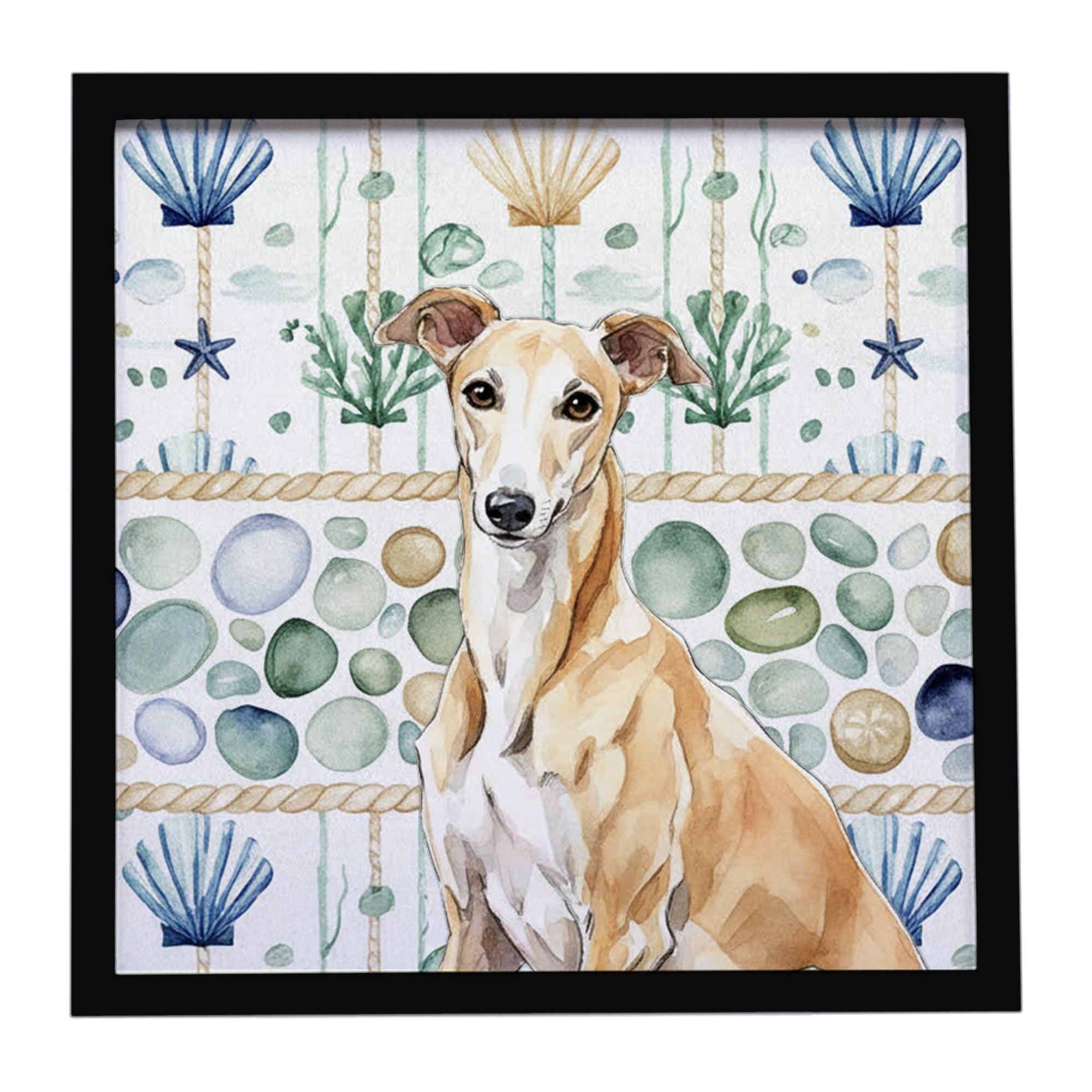 Fawn Greyhound Coastal Sea Glass Framed Metal Print Bathroom, Kitchen, Office, Home Decor Wall Art Ready to Hang, Square, 8X8