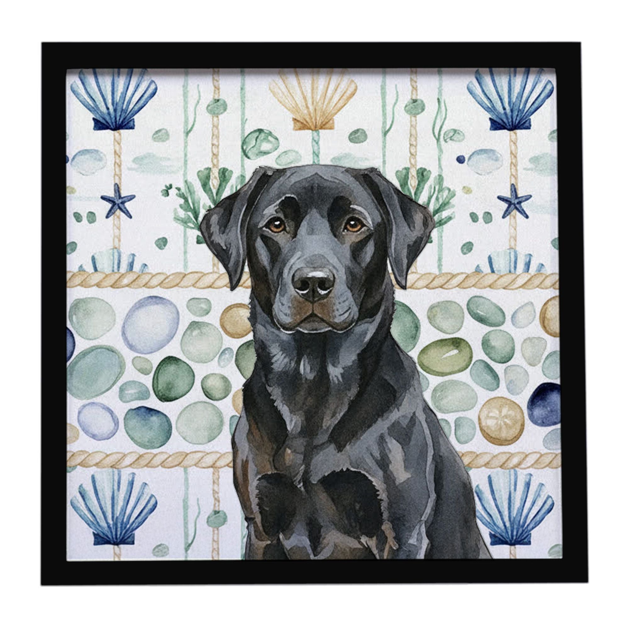 Black Labrador Retriever Coastal Sea Glass Framed Metal Print Bathroom, Kitchen, Office, Home Decor Wall Art Ready to Hang, Squa