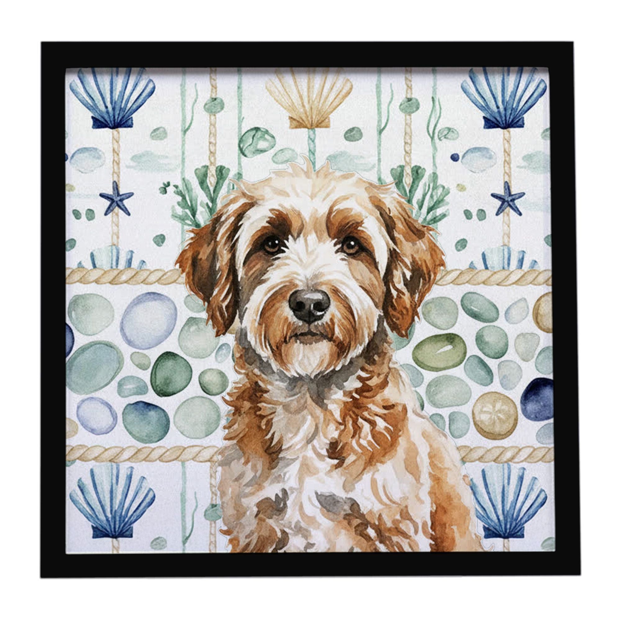 Lagotto Romagnolo Coastal Sea Glass Framed Metal Print Bathroom, Kitchen, Office, Home Decor Wall Art Ready to Hang, Square, 8X8