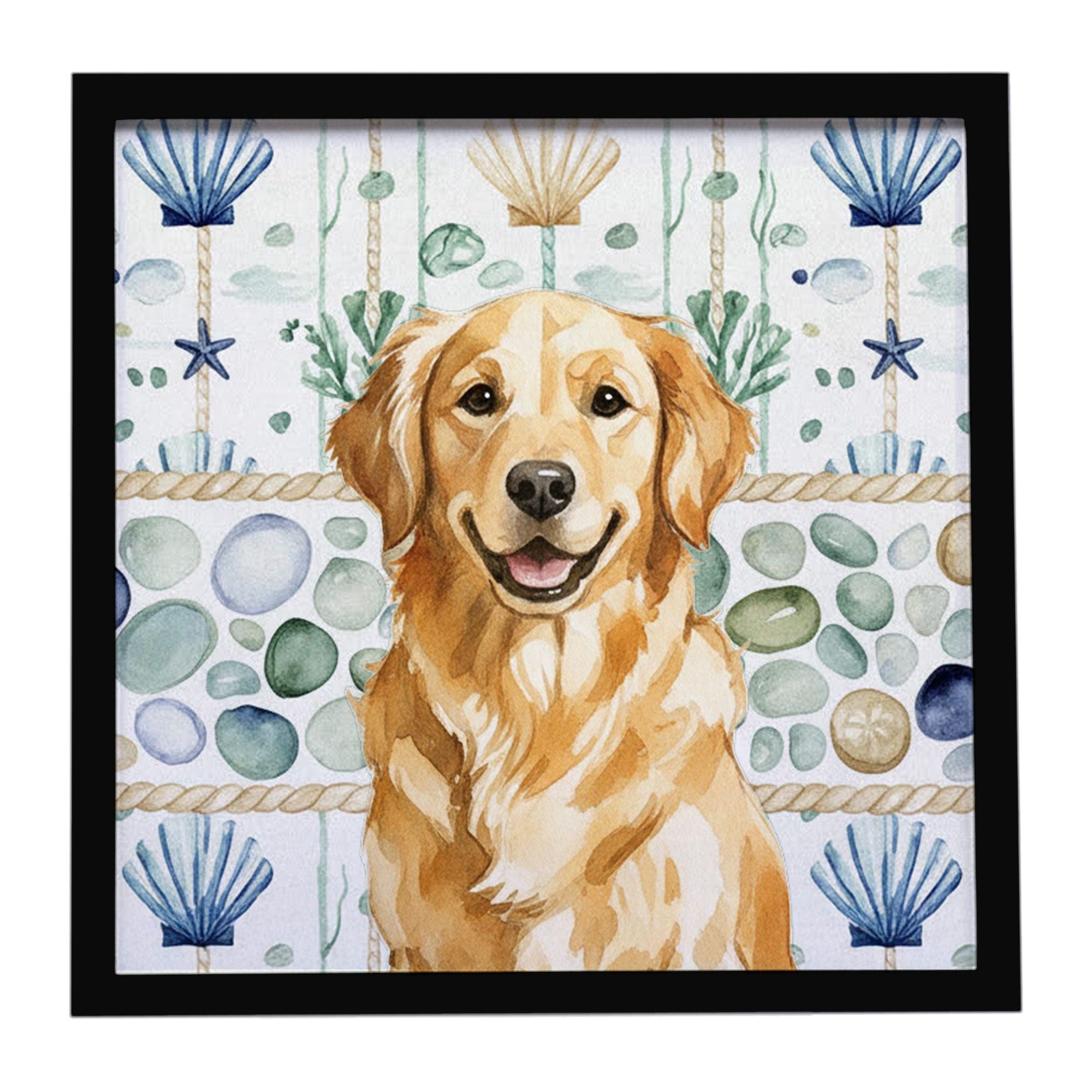 Golden Retriever Coastal Sea Glass Framed Metal Print Bathroom, Kitchen, Office, Home Decor Wall Art Ready to Hang, Square, 8X8