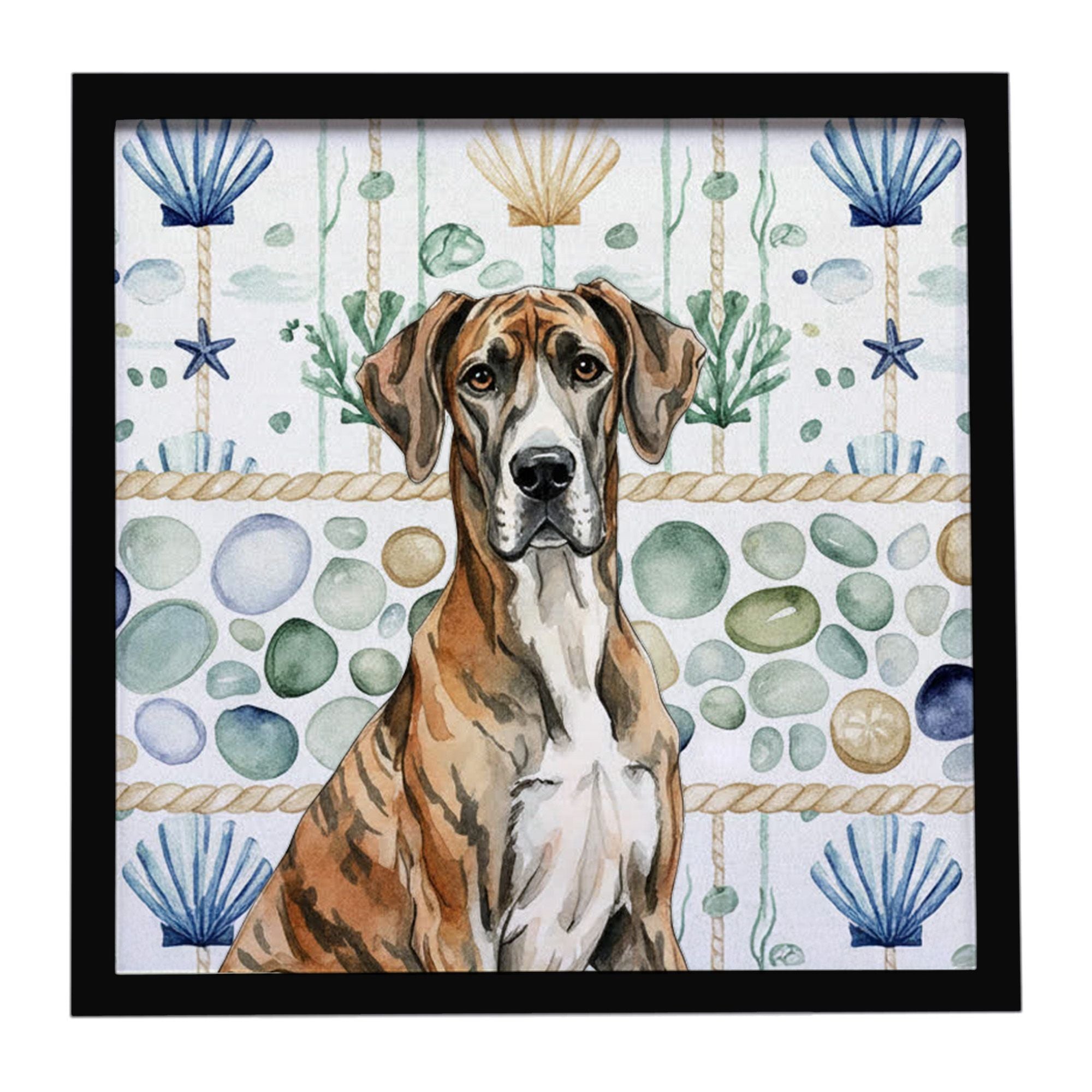 Brindle Great Dane Coastal Sea Glass Framed Metal Print Bathroom, Kitchen, Office, Home Decor Wall Art Ready to Hang, Square, 8X