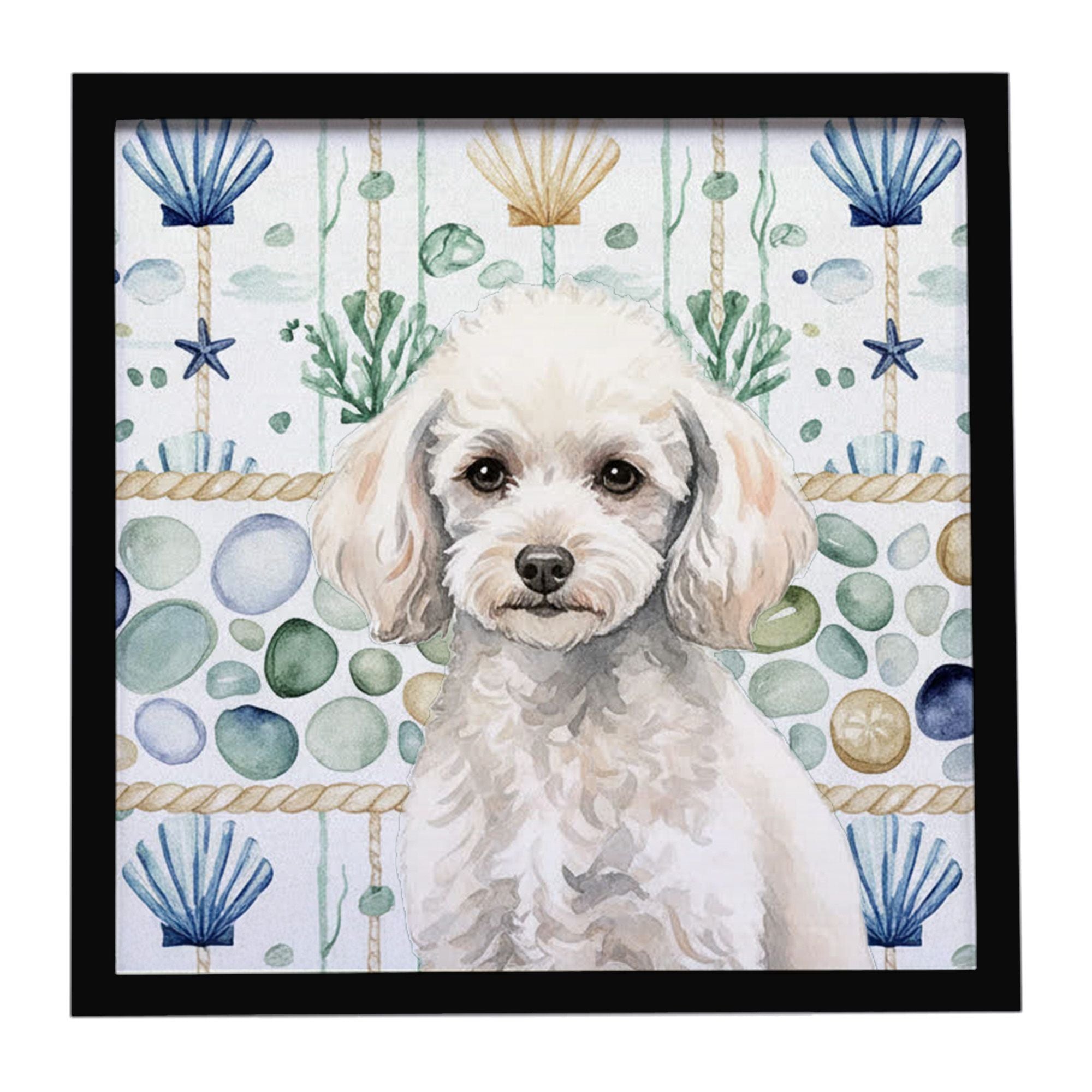 Miniature White Poodle Coastal Sea Glass Framed Metal Print Bathroom, Kitchen, Office, Home Decor Wall Art Ready to Hang, Square