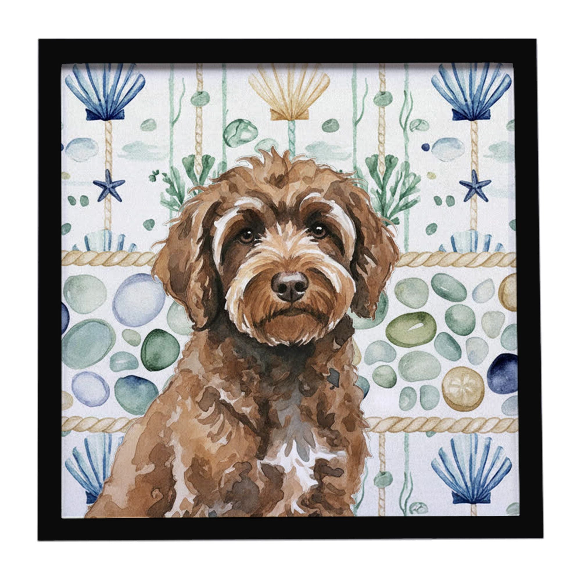 Brown Portuguese Water Dog Coastal Sea Glass Framed Metal Print Bathroom, Kitchen, Office, Home Decor Wall Art Ready to Hang, Sq