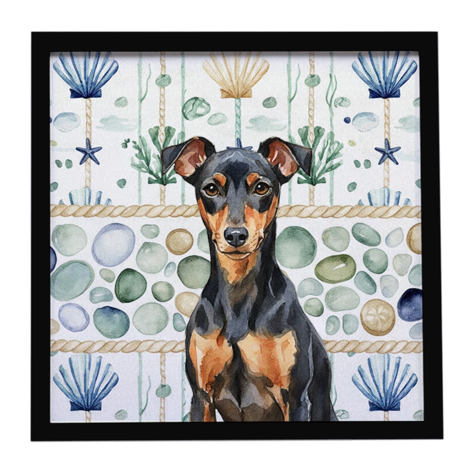 Manchester Terrier Coastal Sea Glass Framed Metal Print Bathroom, Kitchen, Office, Home Decor Wall Art Ready to Hang, Square, 8X