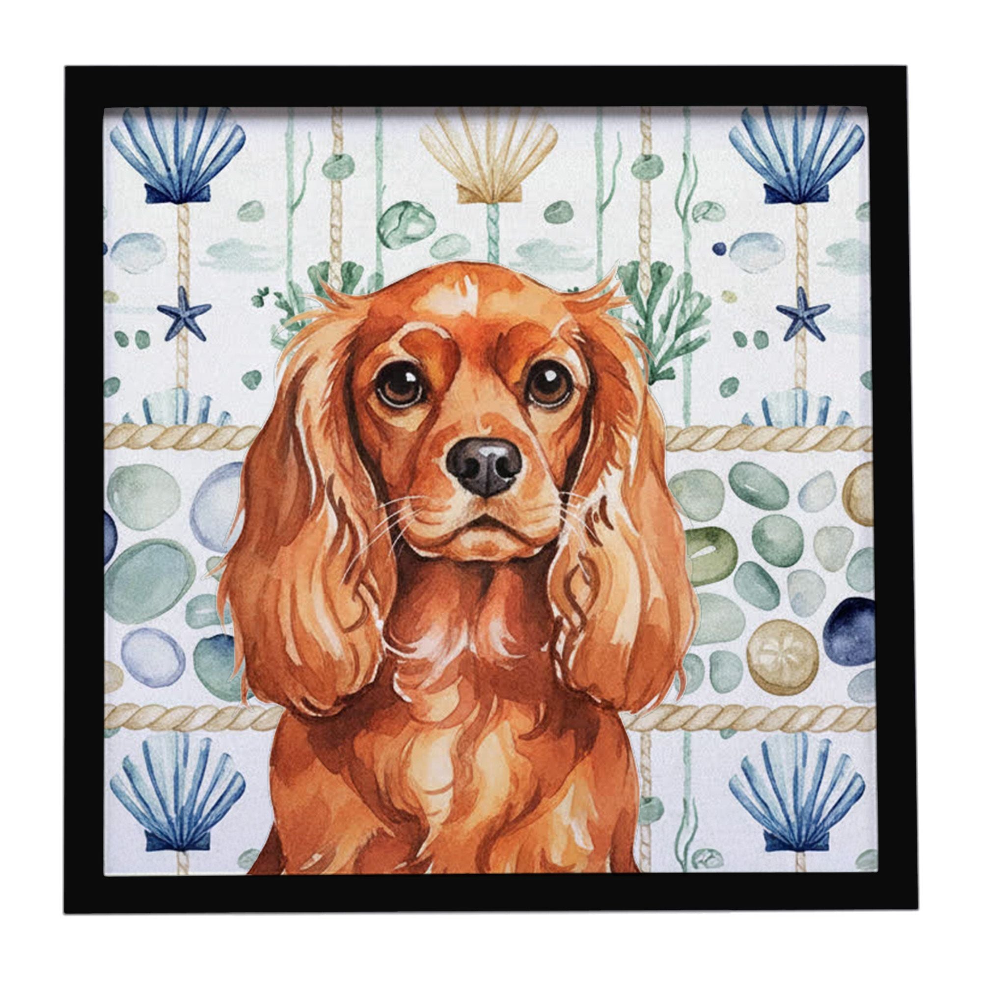 Ruby English Toy Spaniel Coastal Sea Glass Framed Metal Print Bathroom, Kitchen, Office, Home Decor Wall Art Ready to Hang, Squa