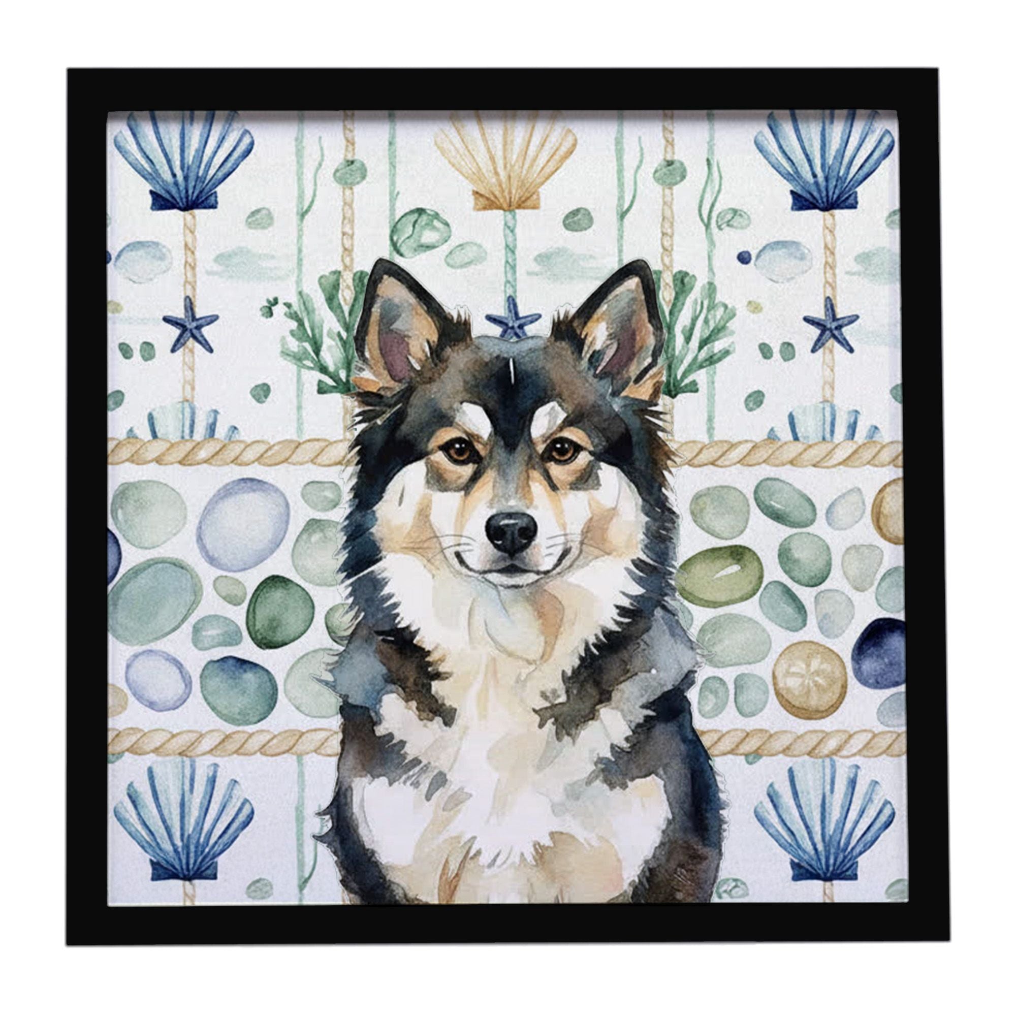 Finnish Lapphund Coastal Sea Glass Framed Metal Print Bathroom, Kitchen, Office, Home Decor Wall Art Ready to Hang, Square, 8X8