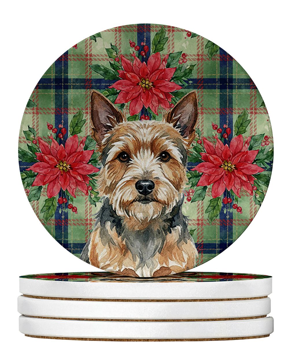 Norwich Terrier Christmas PoinsettIas Large Sandstone Coasters Pack of 4 Absorbent Round Coasters Decor Gifts for Men or Women, 